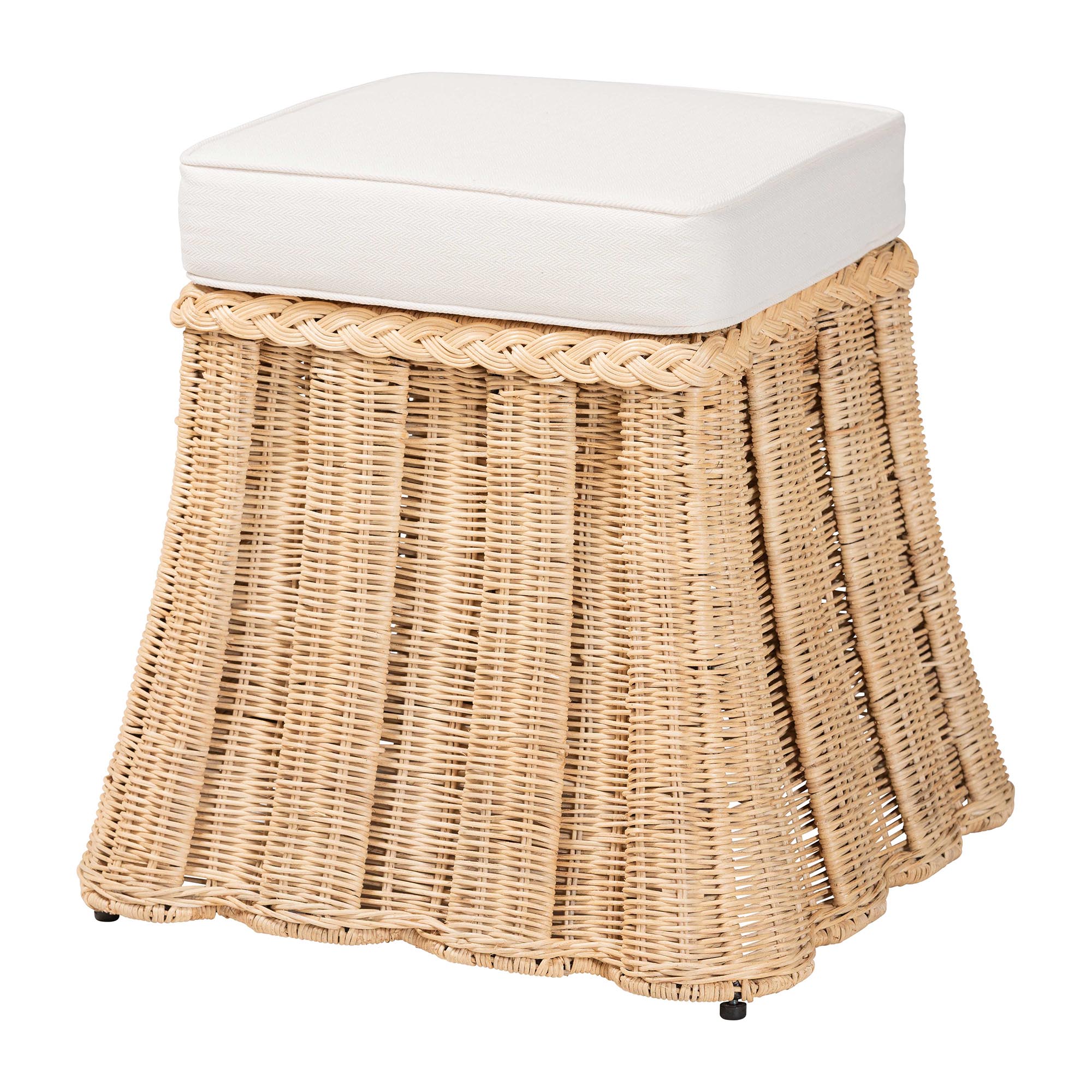 bali & pari Rotem Natural Rattan Ottoman with Cushion - Handwoven Wicker Pleated Skirt Accent Coffee Table or Extra Seating for Living Room or Sunroom, Small