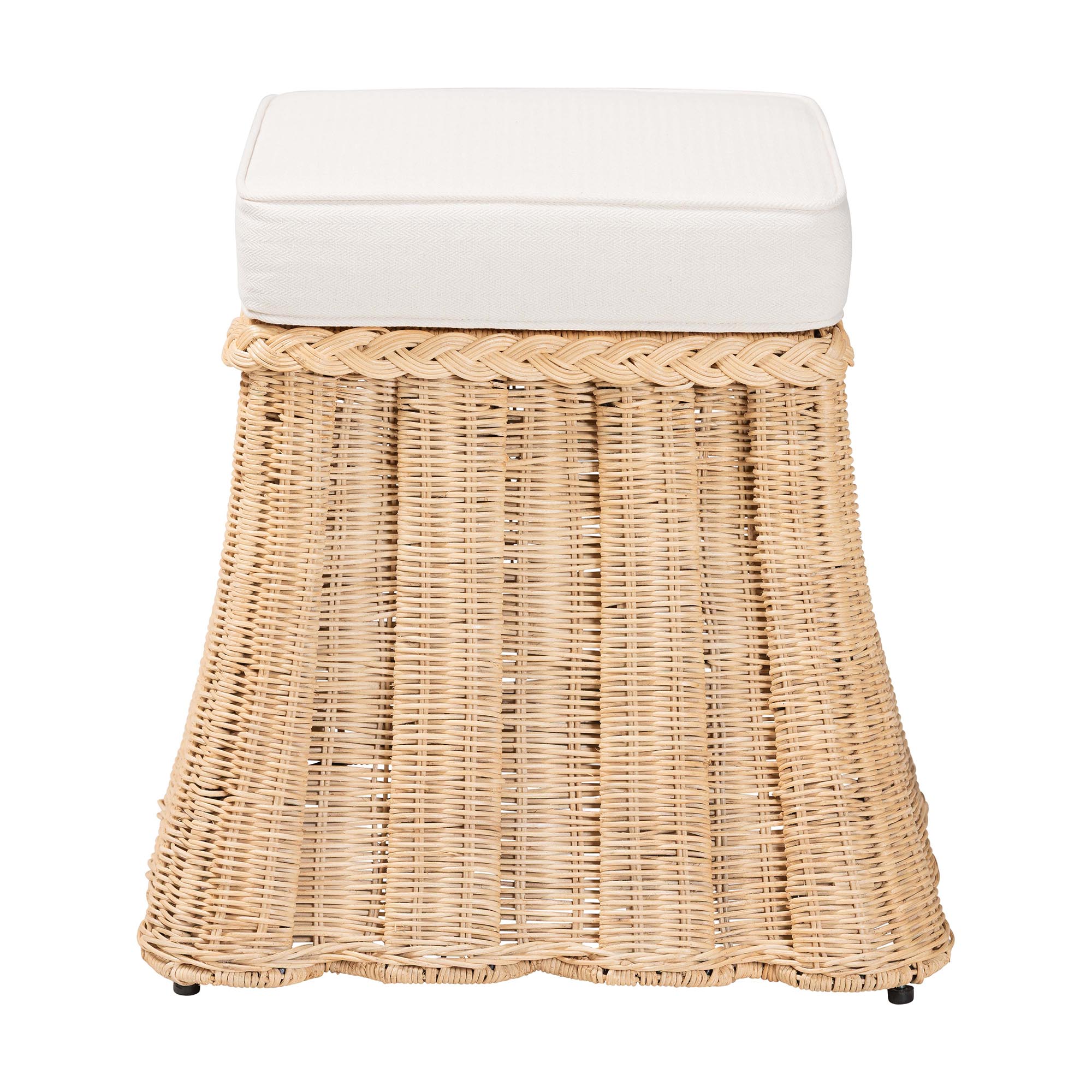 bali & pari Rotem Natural Rattan Ottoman with Cushion - Handwoven Wicker Pleated Skirt Accent Coffee Table or Extra Seating for Living Room or Sunroom, Small