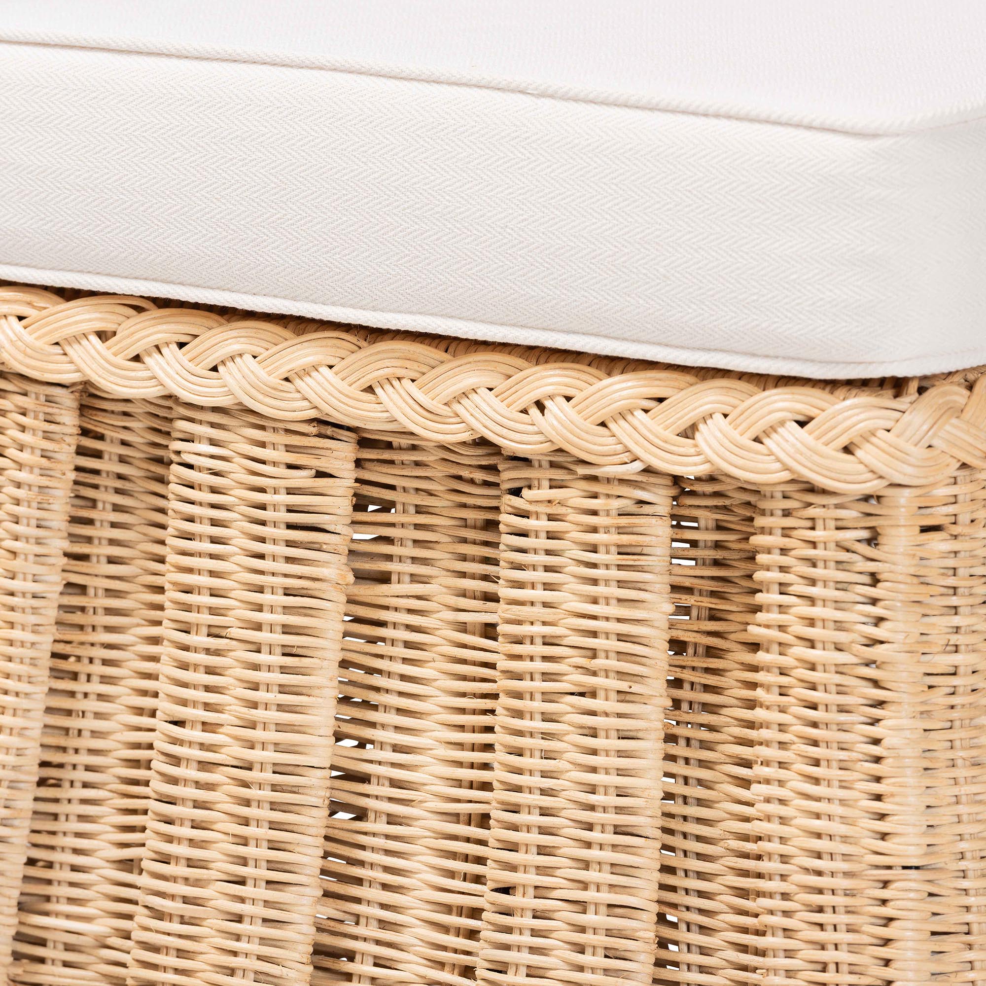 bali & pari Rotem Natural Rattan Ottoman with Cushion - Handwoven Wicker Pleated Skirt Accent Coffee Table or Extra Seating for Living Room or Sunroom, Small