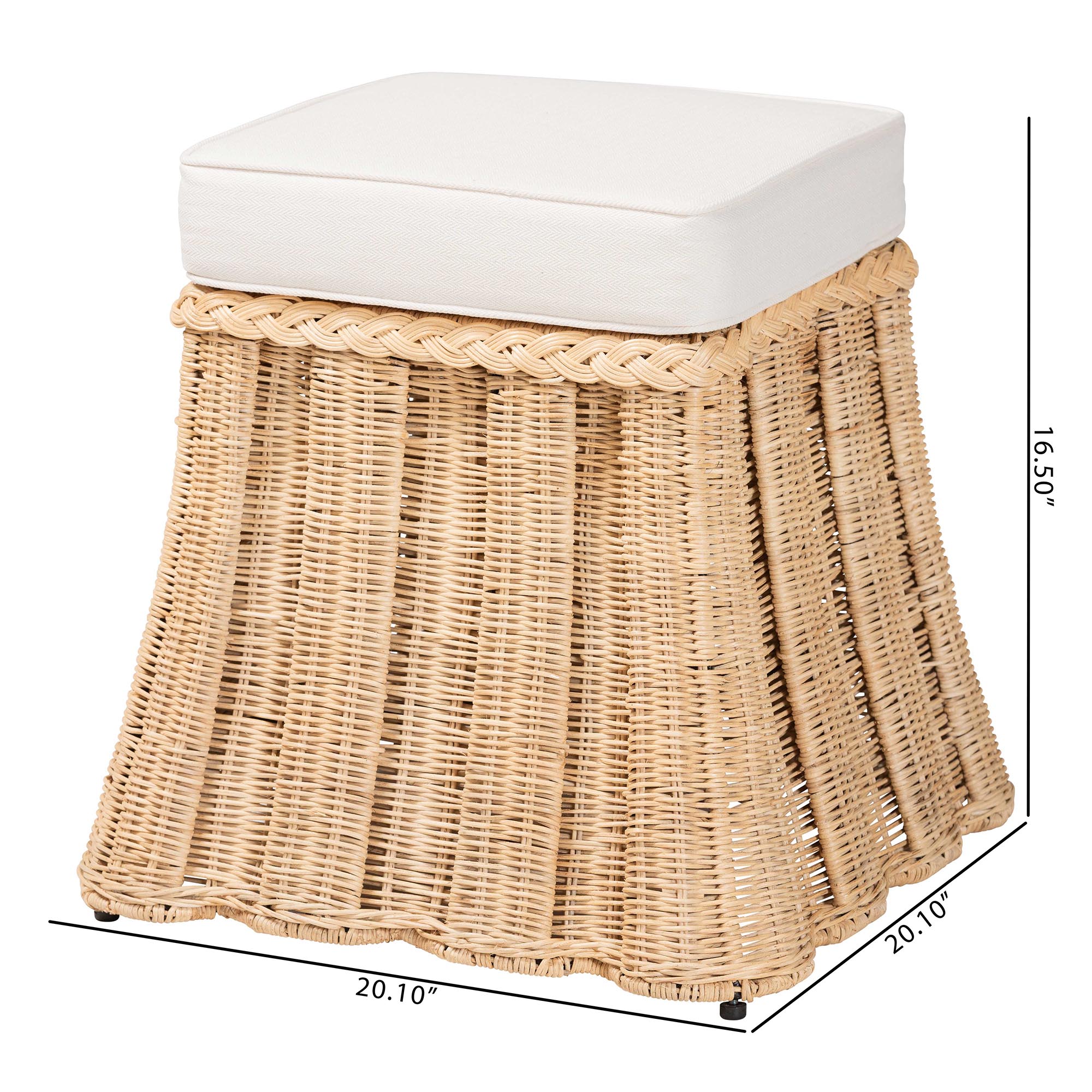bali & pari Rotem Natural Rattan Ottoman with Cushion - Handwoven Wicker Pleated Skirt Accent Coffee Table or Extra Seating for Living Room or Sunroom, Small