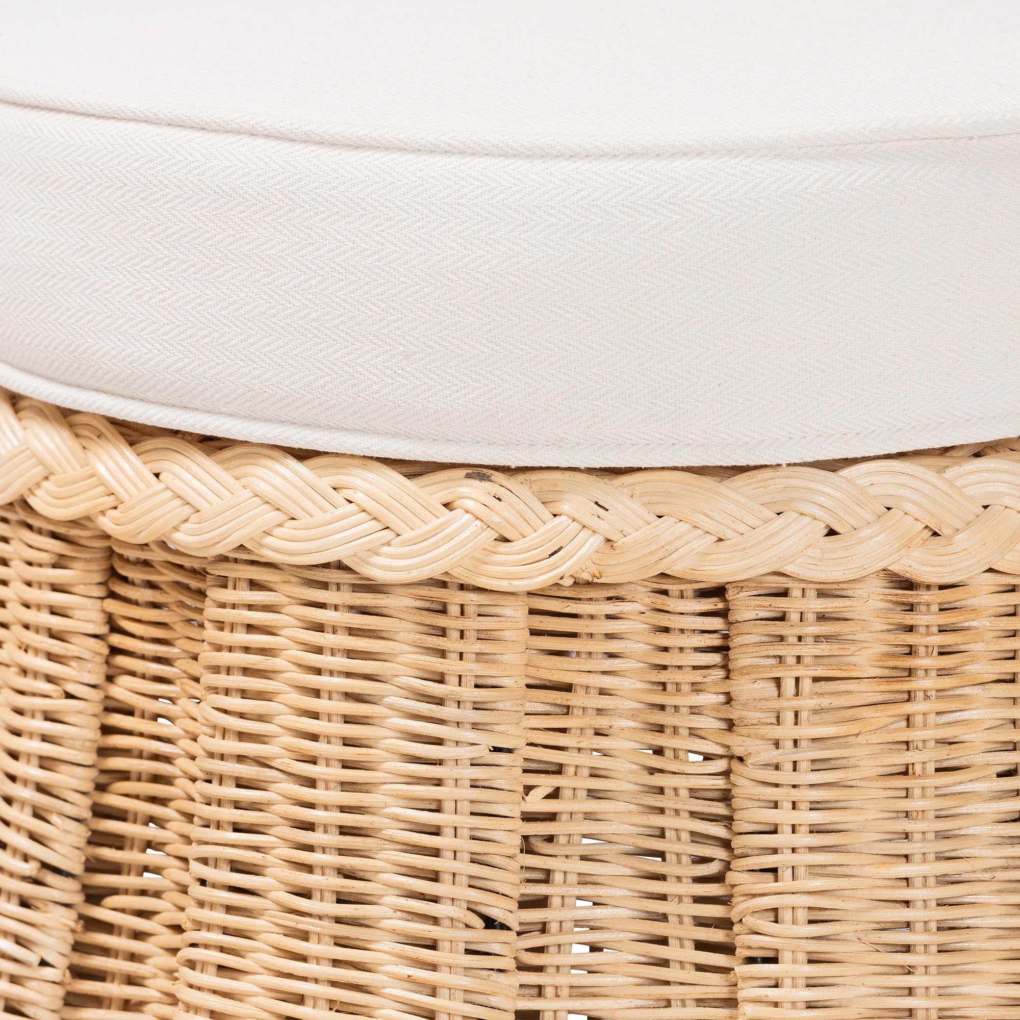 bali & pari Ying Round Natural Rattan Ottoman with Cushion - Handwoven Wicker Pleated Skirt Accent Coffee Table or Extra Seating for Living Room or Sunroom, Small