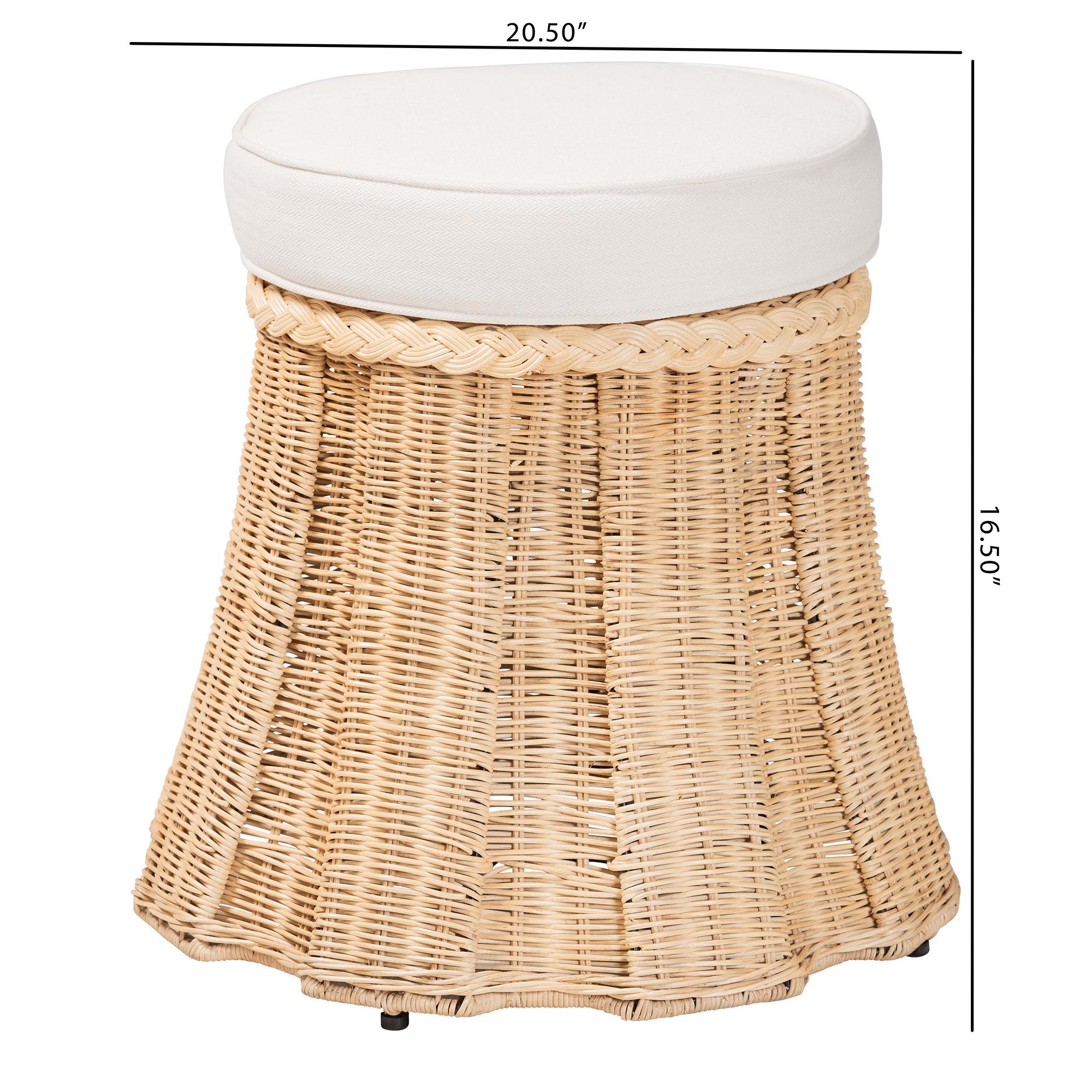 bali & pari Ying Round Natural Rattan Ottoman with Cushion - Handwoven Wicker Pleated Skirt Accent Coffee Table or Extra Seating for Living Room or Sunroom, Small