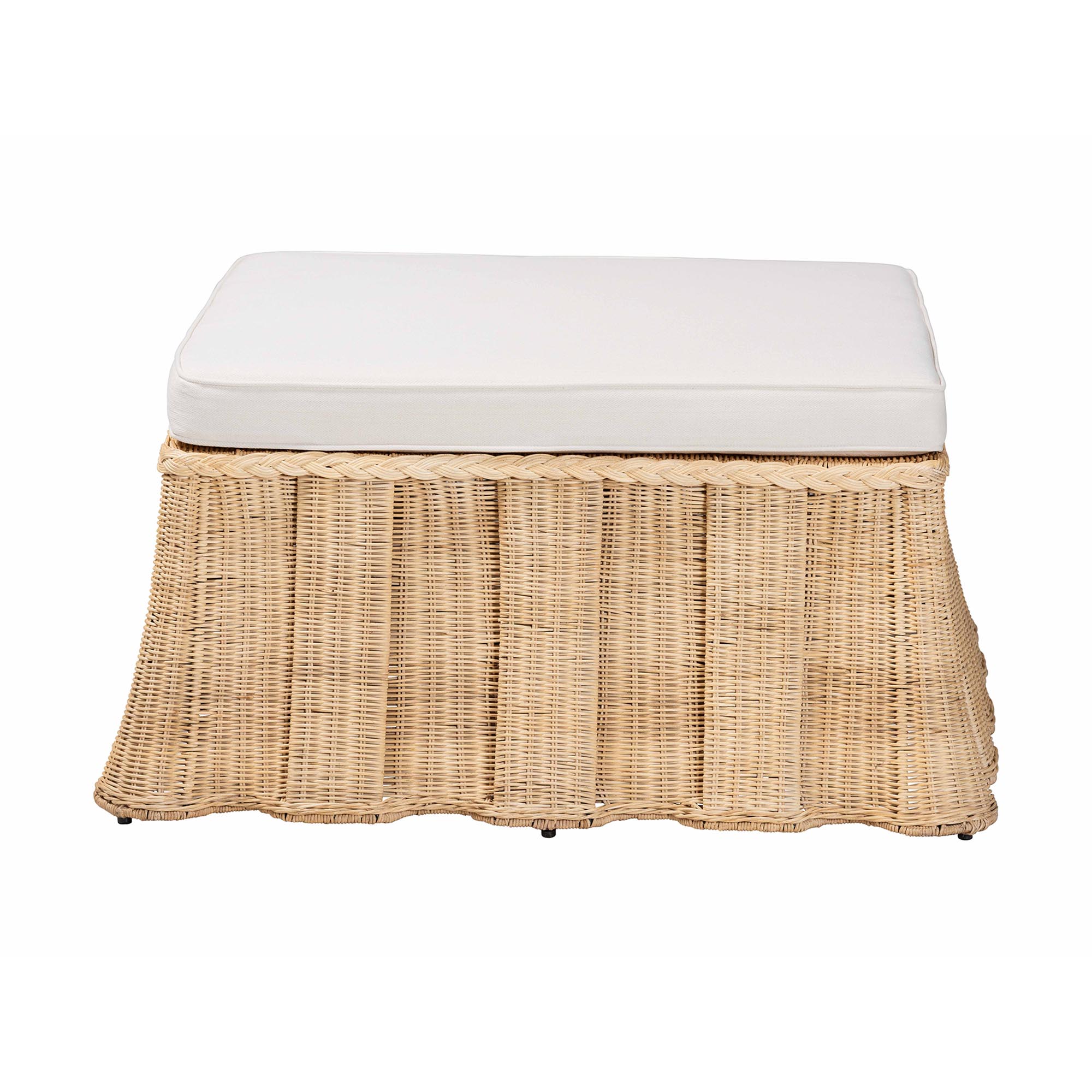 bali & pari Rotem Natural Rattan Ottoman with Cushion - Handwoven Wicker Pleated Skirt Accent Coffee Table or Extra Seating for Living Room or Sunroom, Large
