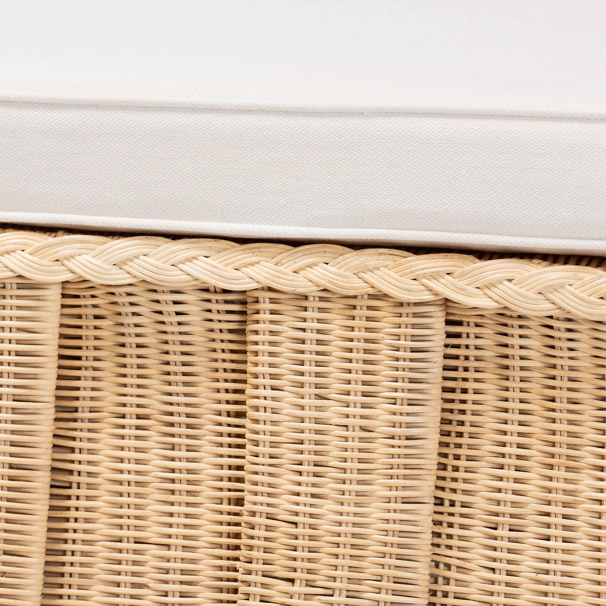 bali & pari Rotem Natural Rattan Ottoman with Cushion - Handwoven Wicker Pleated Skirt Accent Coffee Table or Extra Seating for Living Room or Sunroom, Large