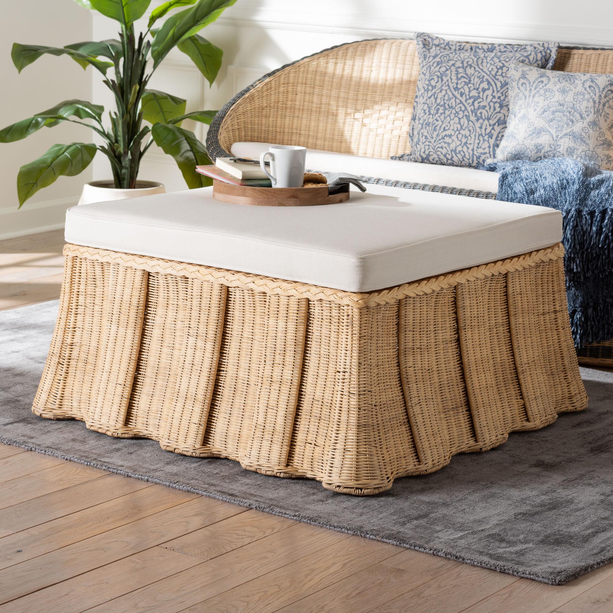 bali & pari Rotem Natural Rattan Ottoman with Cushion - Handwoven Wicker Pleated Skirt Accent Coffee Table or Extra Seating for Living Room or Sunroom, Large