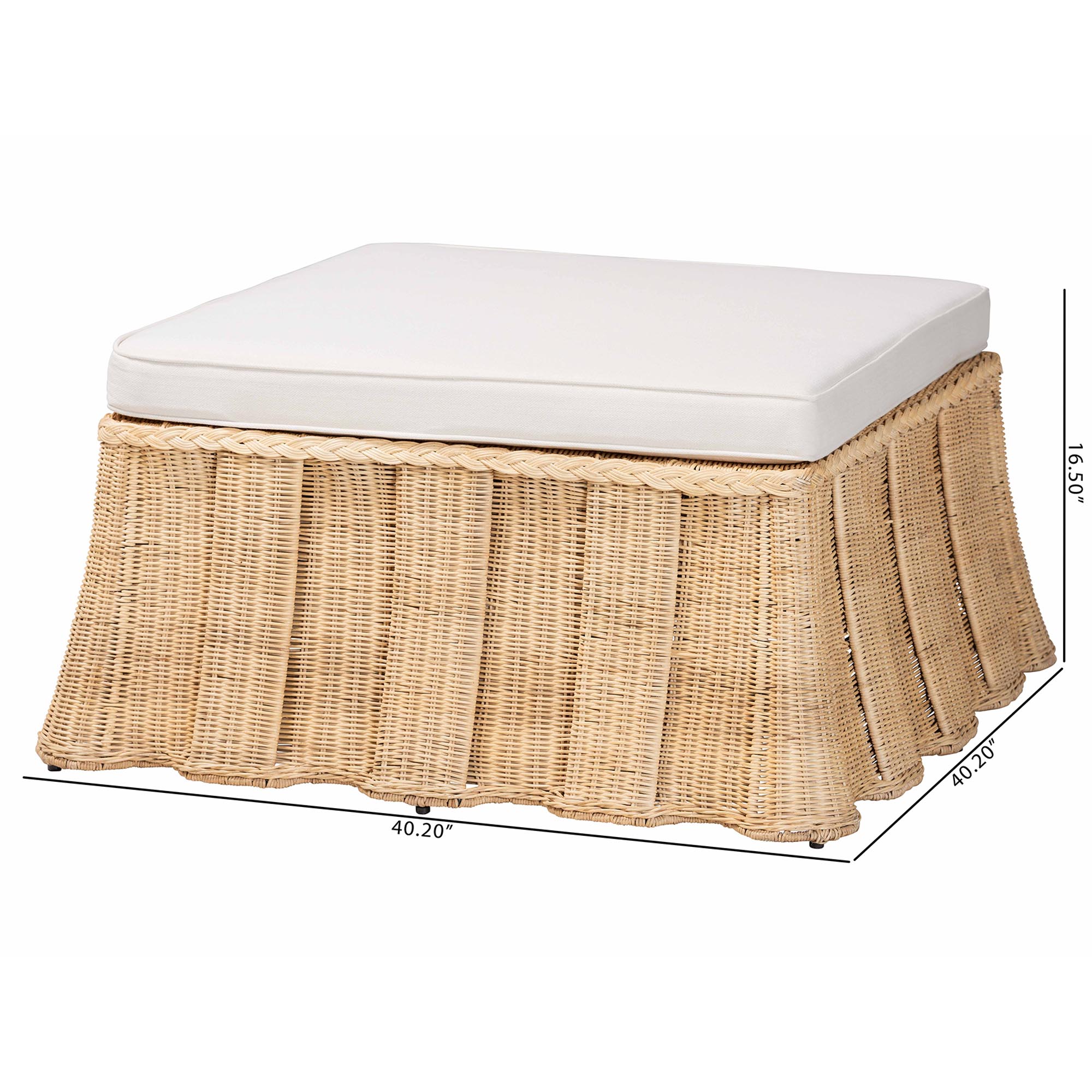 bali & pari Rotem Natural Rattan Ottoman with Cushion - Handwoven Wicker Pleated Skirt Accent Coffee Table or Extra Seating for Living Room or Sunroom, Large