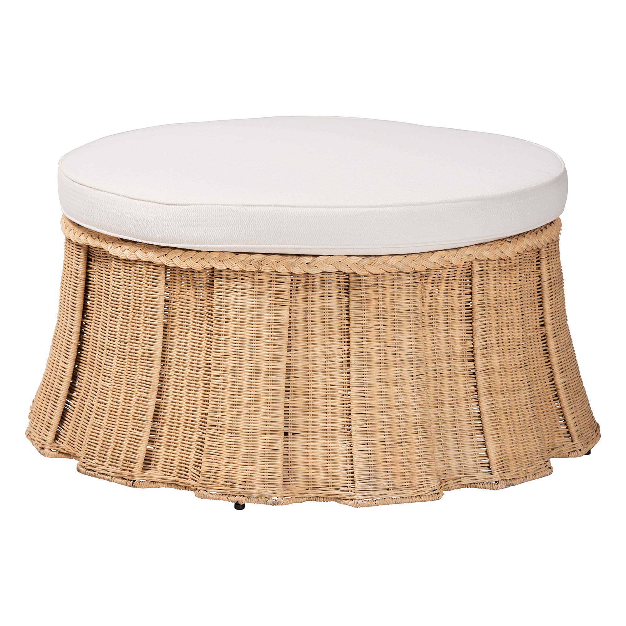 bali & pari Ying Round Natural Rattan Ottoman with Cushion - Handwoven Wicker Pleated Skirt Accent Coffee Table or Extra Seating for Living Room or Sunroom, Large
