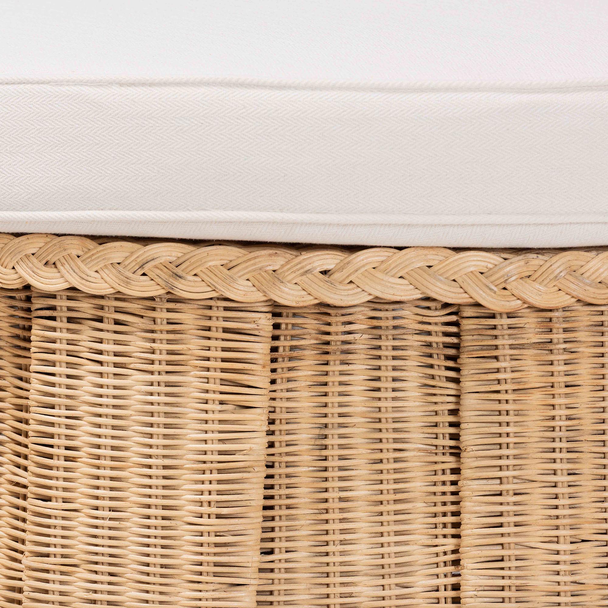 bali & pari Ying Round Natural Rattan Ottoman with Cushion - Handwoven Wicker Pleated Skirt Accent Coffee Table or Extra Seating for Living Room or Sunroom, Large