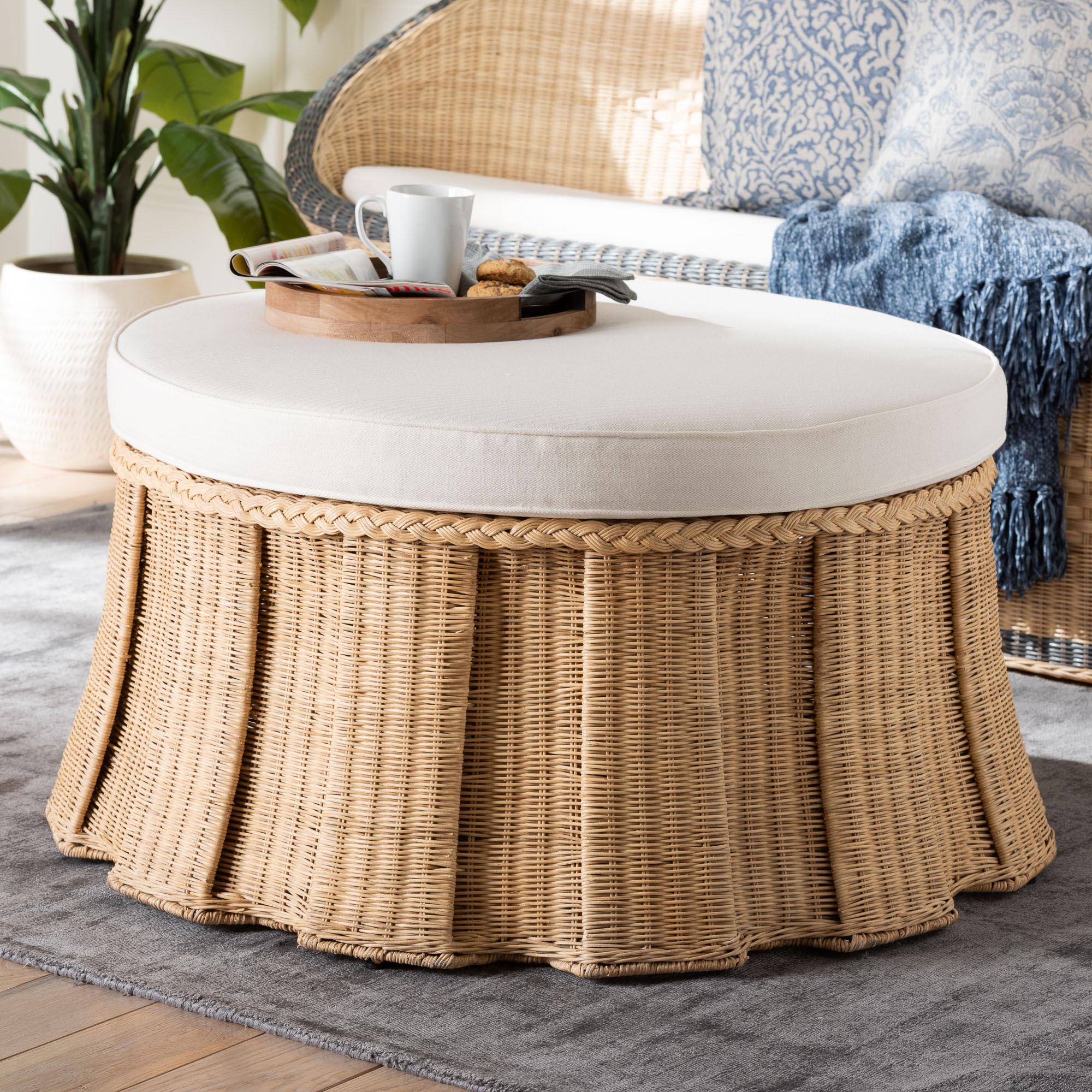 bali & pari Ying Round Natural Rattan Ottoman with Cushion - Handwoven Wicker Pleated Skirt Accent Coffee Table or Extra Seating for Living Room or Sunroom, Large