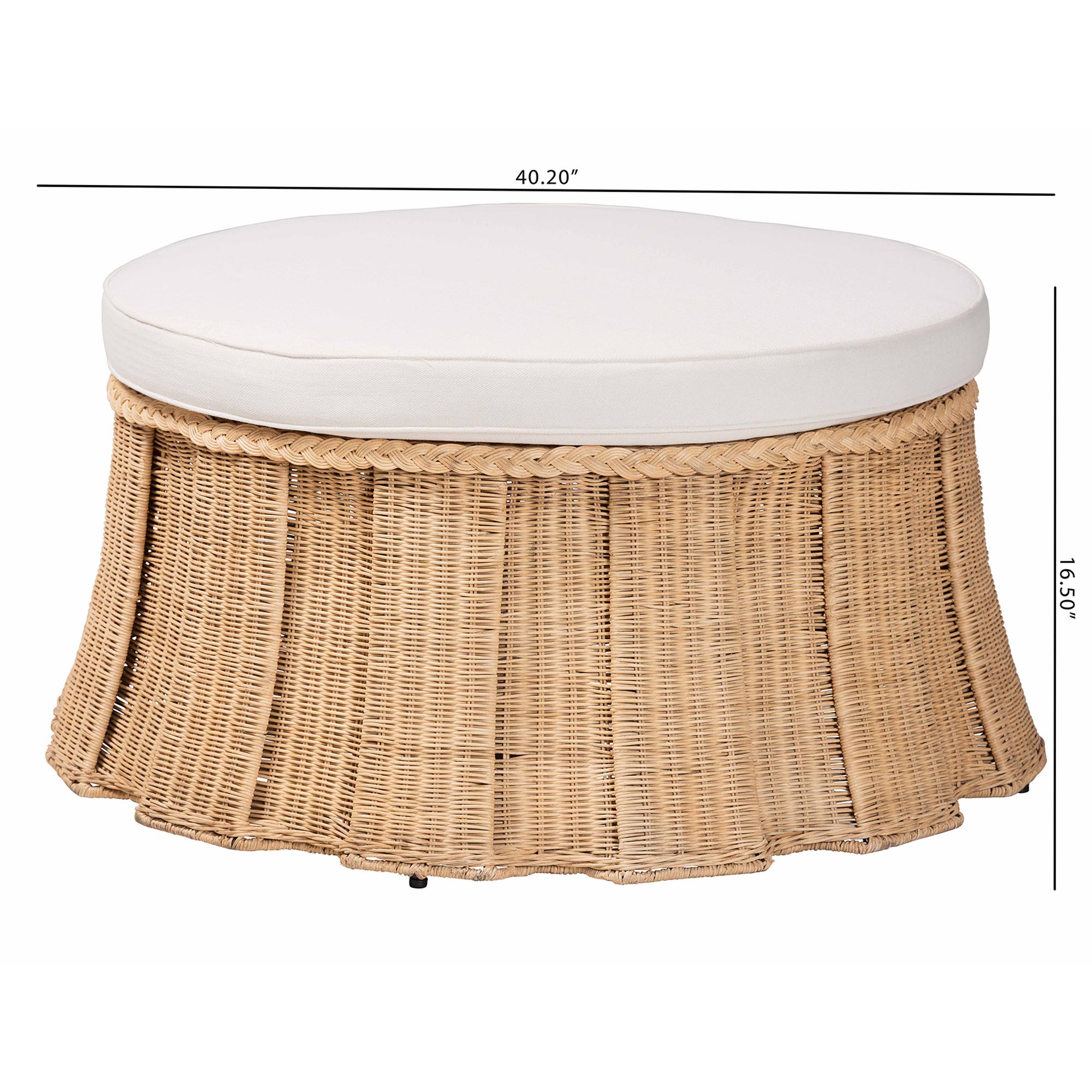 bali & pari Ying Round Natural Rattan Ottoman with Cushion - Handwoven Wicker Pleated Skirt Accent Coffee Table or Extra Seating for Living Room or Sunroom, Large