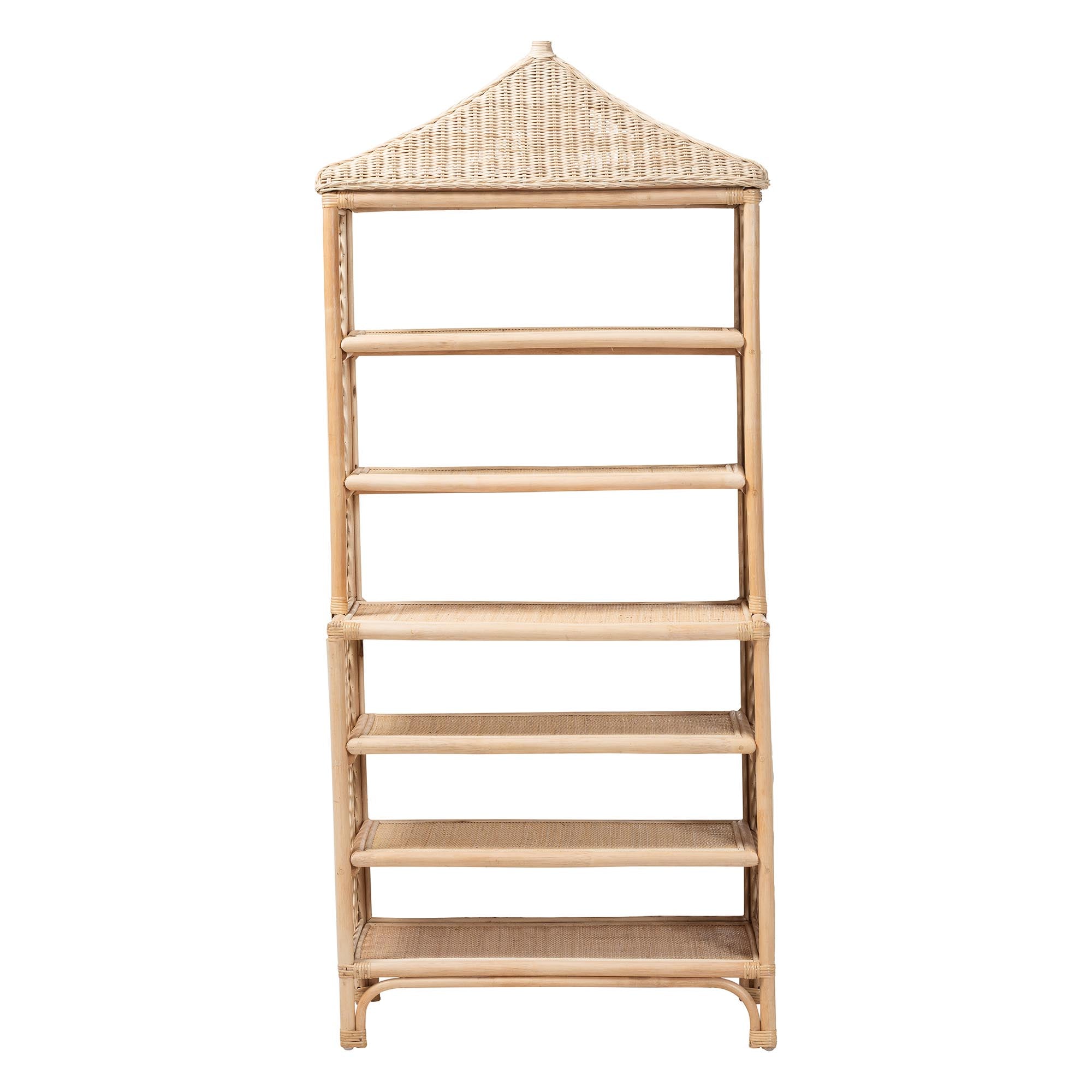 bali & pari Adonis Natural Rattan Display Shelf - Freestanding 6-Tier bookcase with Pagoda Top, Coastal Boho Storage Organizer
