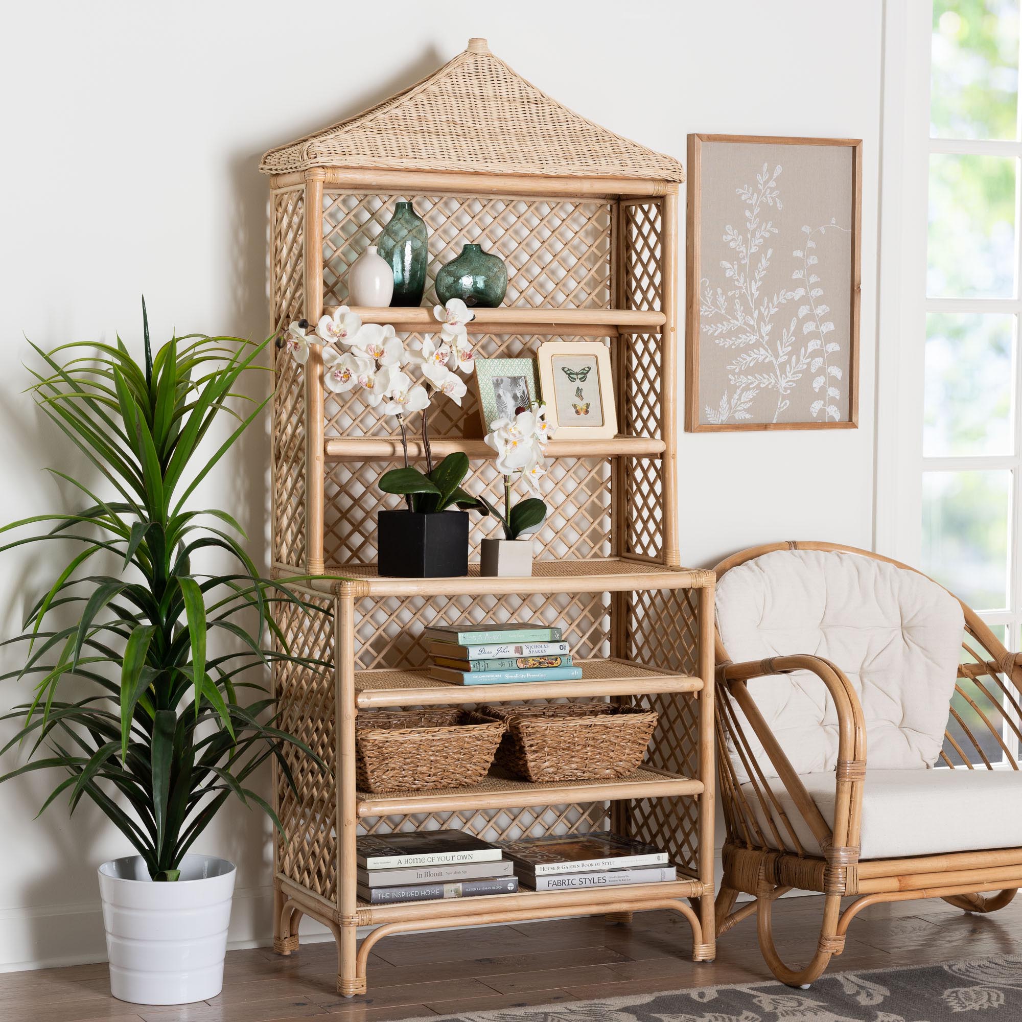 bali & pari Adonis Natural Rattan Display Shelf - Freestanding 6-Tier bookcase with Pagoda Top, Coastal Boho Storage Organizer