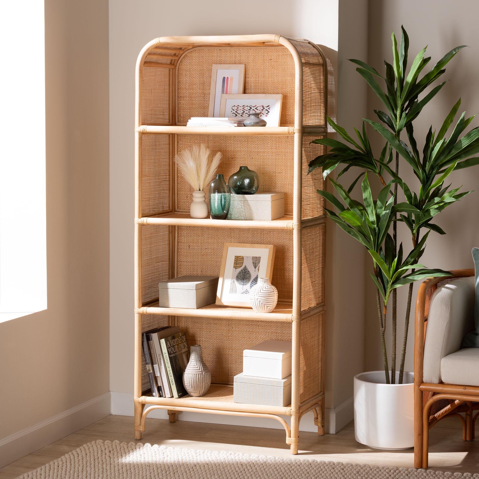 bali & pari Chusi Natural Rattan Decorative Shelf - Handwoven Cane Display Unit with Arched Top, Boho Coastal Storage Rack for Living Room or Bedroom