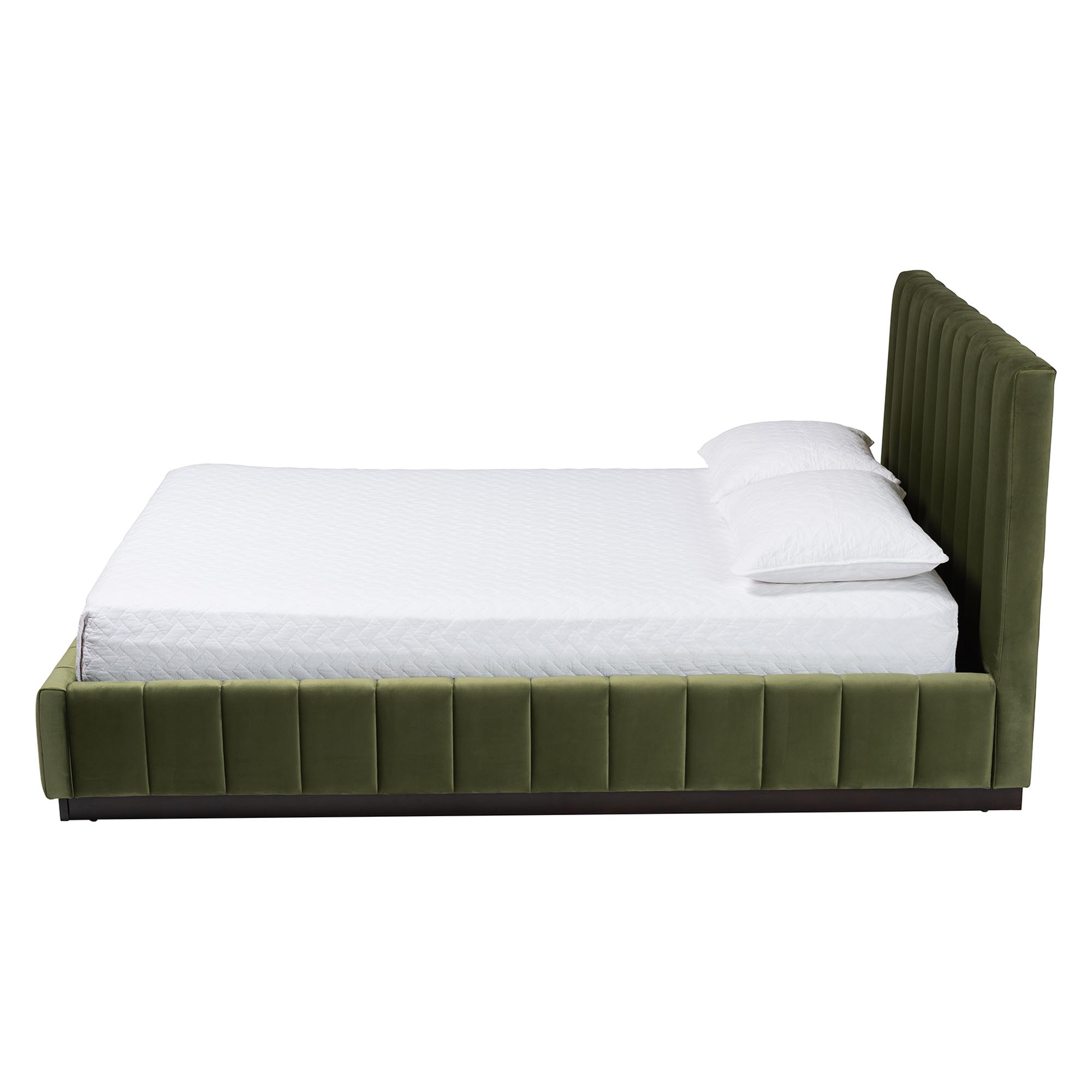 Baxton Studio Granger Velvet Upholstered Platform Bed with Channel Tufted Headboard, Modern Low Profile Bed Frame, Moss Green, Queen