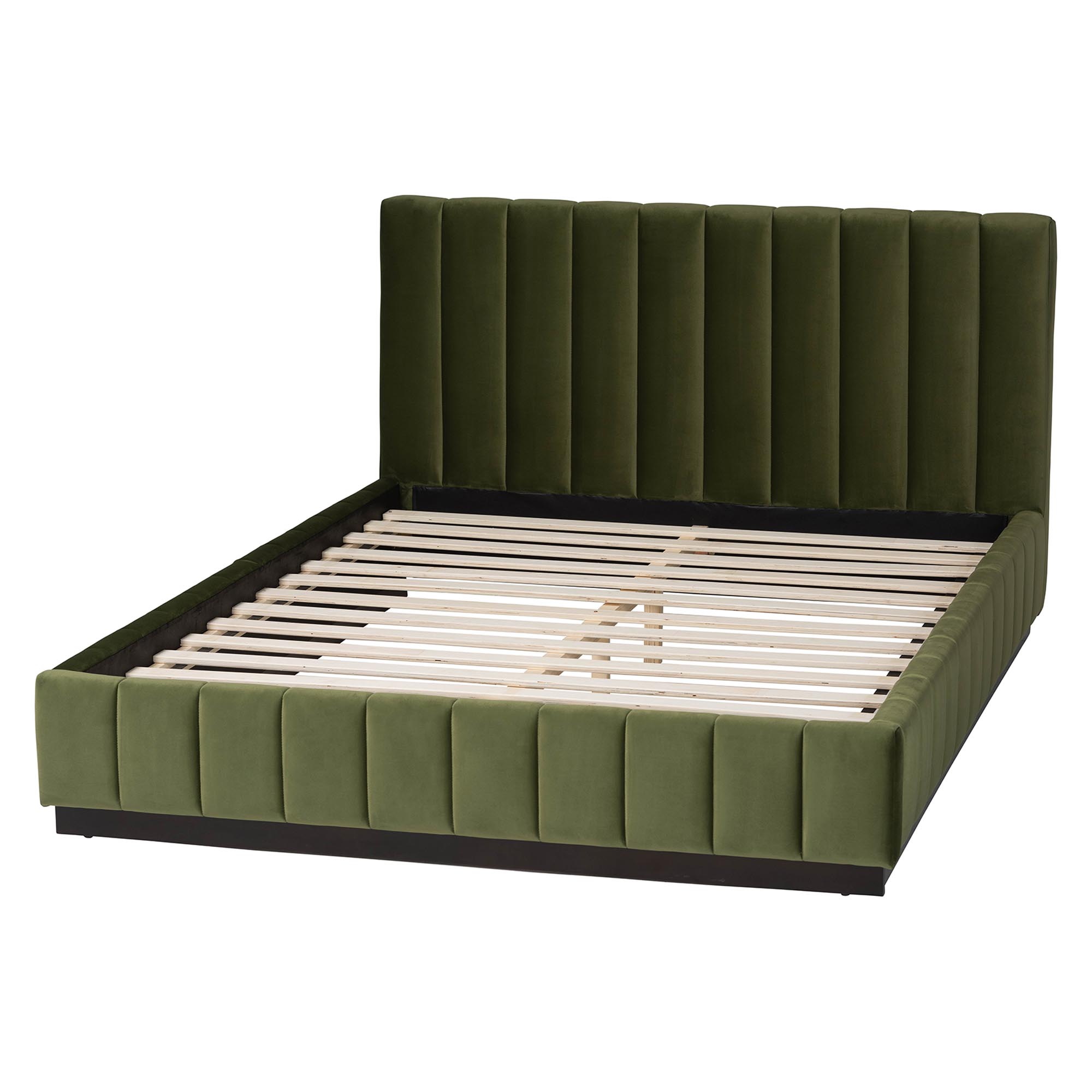 Baxton Studio Granger Velvet Upholstered Platform Bed with Channel Tufted Headboard, Modern Low Profile Bed Frame, Moss Green, Queen
