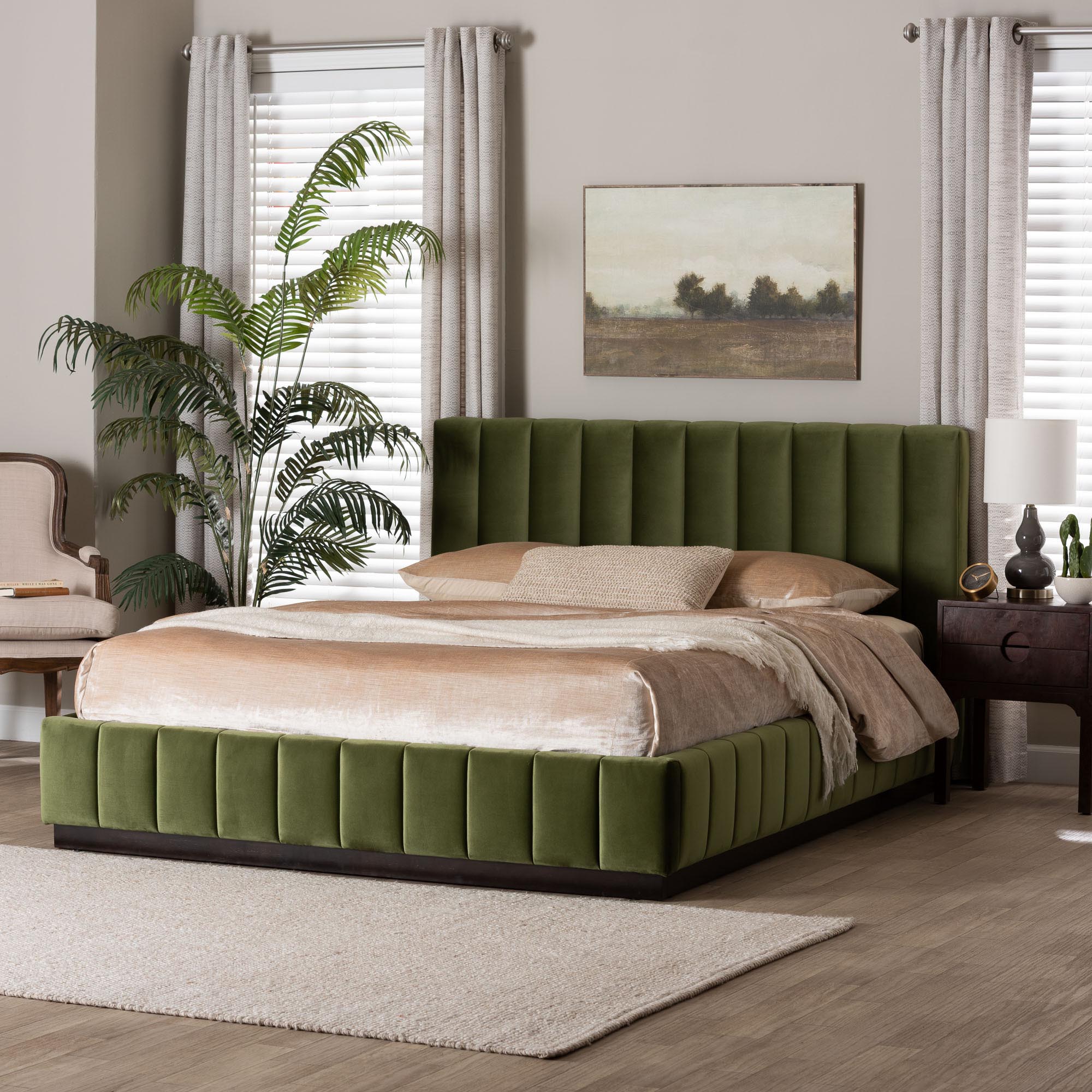 Baxton Studio Granger Velvet Upholstered Platform Bed with Channel Tufted Headboard, Modern Low Profile Bed Frame, Moss Green, Queen
