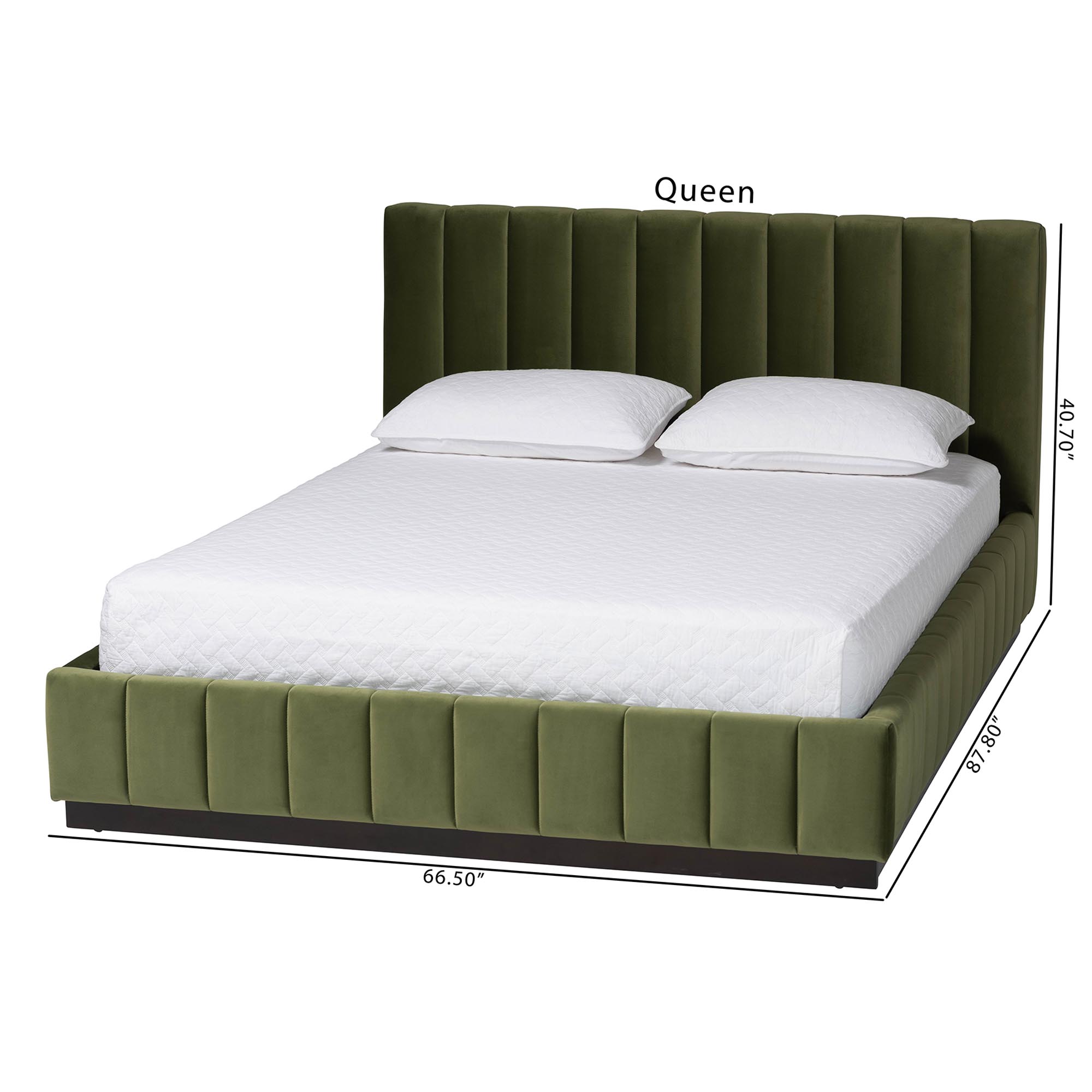 Baxton Studio Granger Velvet Upholstered Platform Bed with Channel Tufted Headboard, Modern Low Profile Bed Frame, Moss Green, Queen