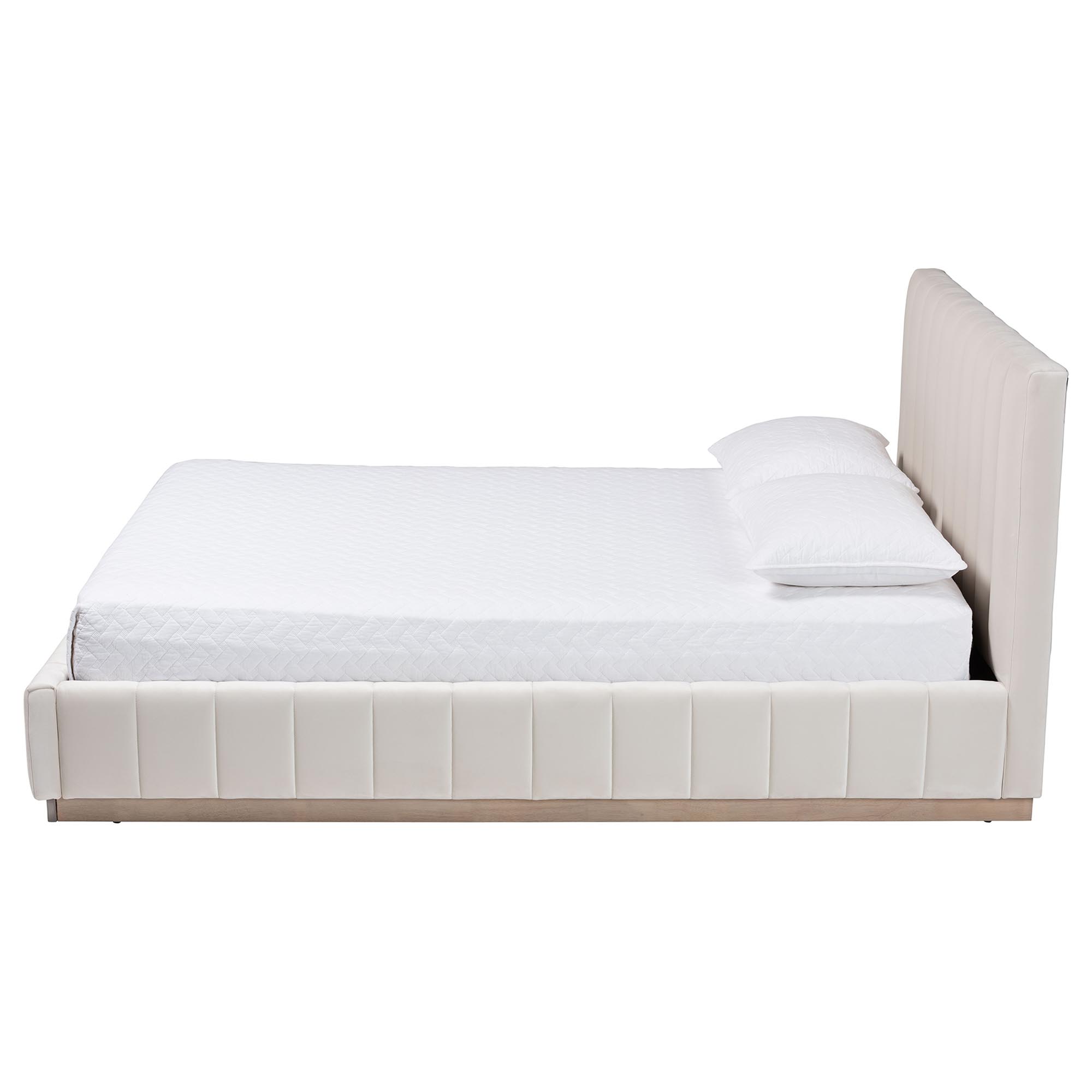 Baxton Studio Granger Velvet Upholstered Platform Bed with Channel Tufted Headboard, Modern Low Profile Bed Frame, Alabaster White, Queen