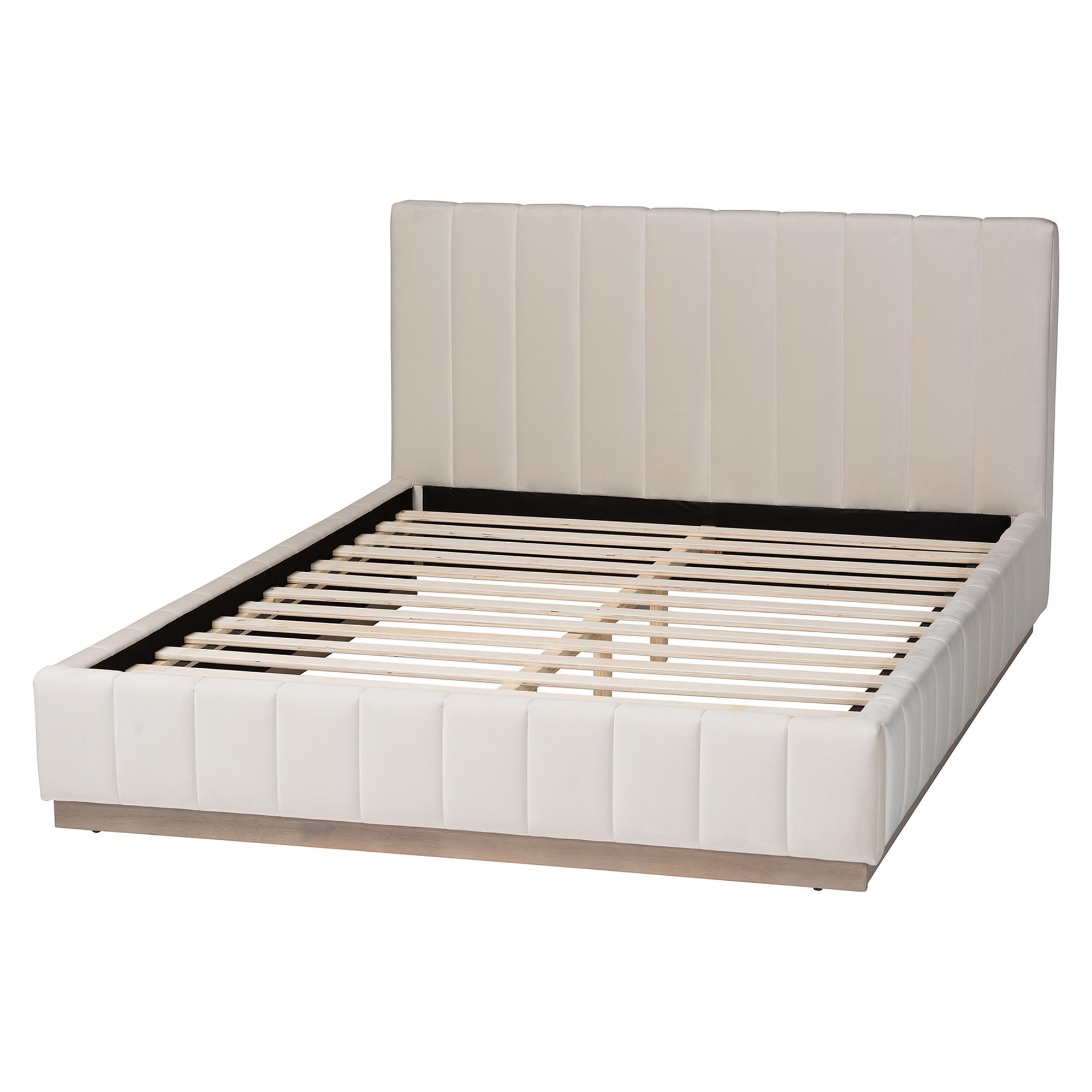 Baxton Studio Granger Velvet Upholstered Platform Bed with Channel Tufted Headboard, Modern Low Profile Bed Frame, Alabaster White, Queen