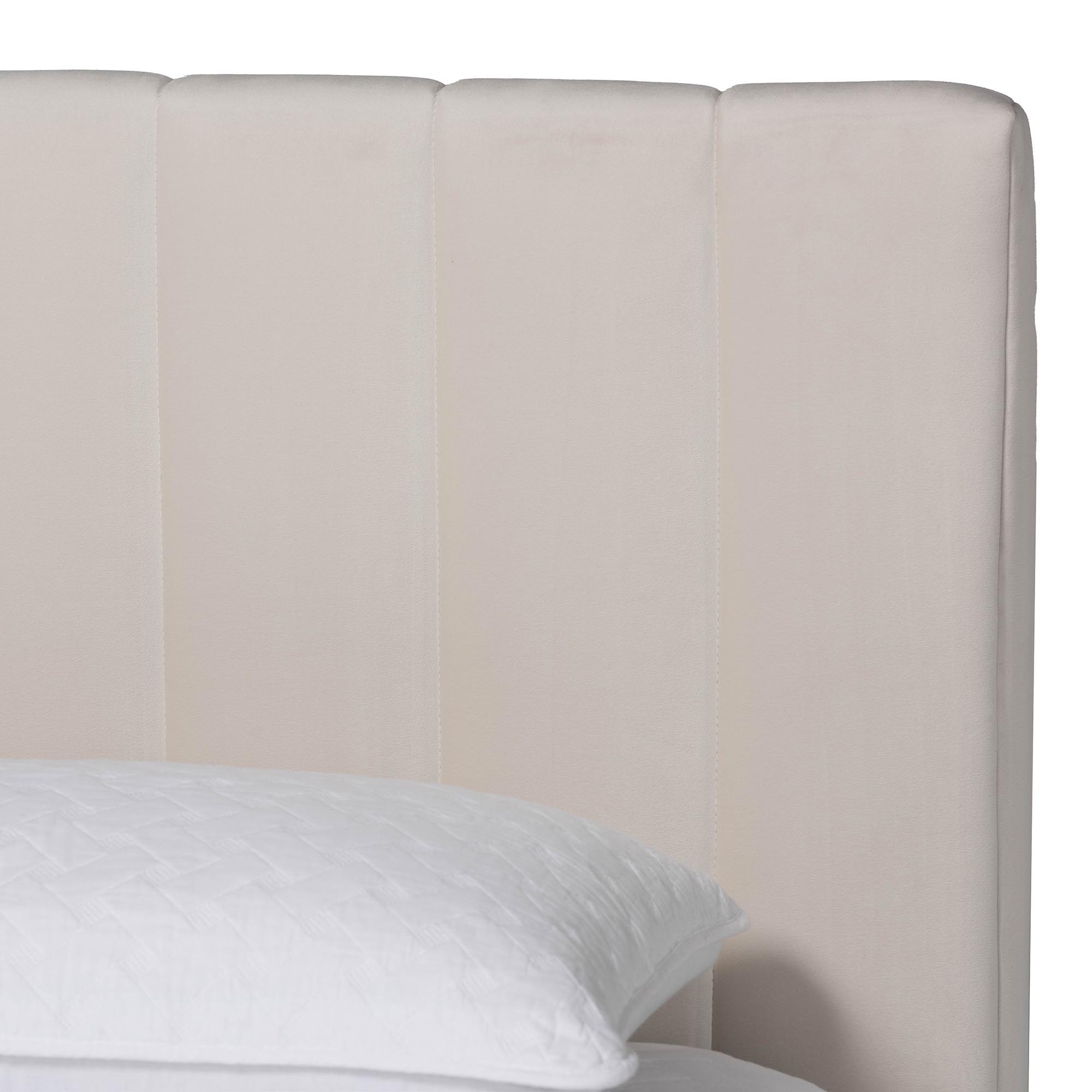 Baxton Studio Granger Velvet Upholstered Platform Bed with Channel Tufted Headboard, Modern Low Profile Bed Frame, Alabaster White, Queen