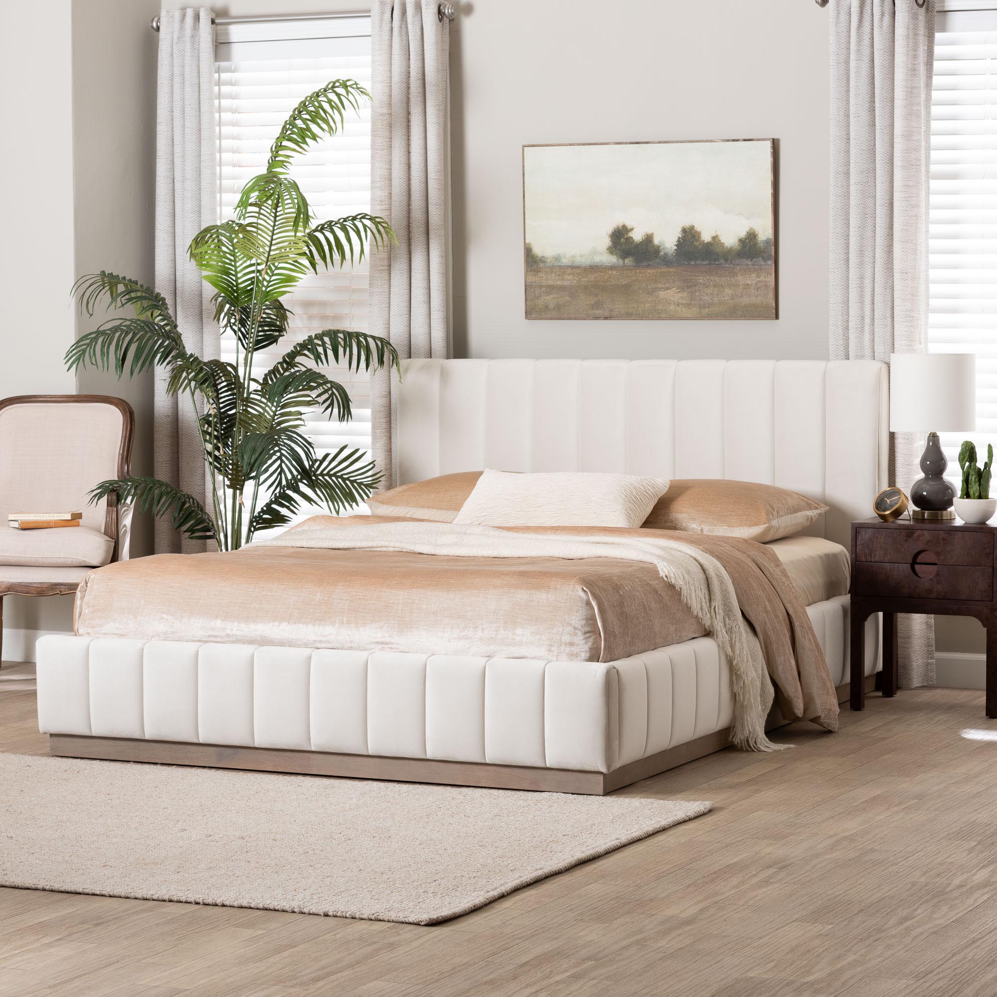 Baxton Studio Granger Velvet Upholstered Platform Bed with Channel Tufted Headboard, Modern Low Profile Bed Frame, Alabaster White, Queen