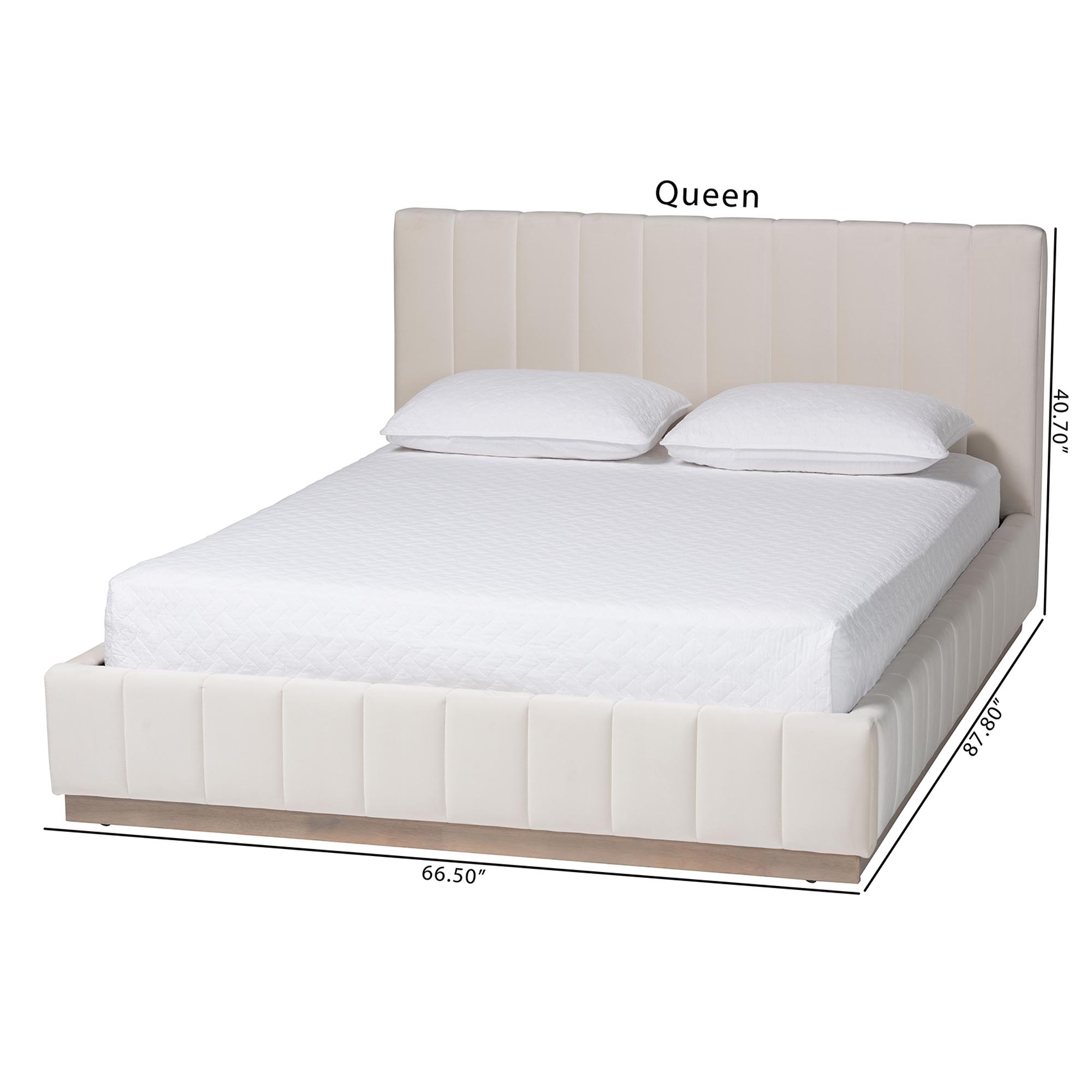 Baxton Studio Granger Velvet Upholstered Platform Bed with Channel Tufted Headboard, Modern Low Profile Bed Frame, Alabaster White, Queen