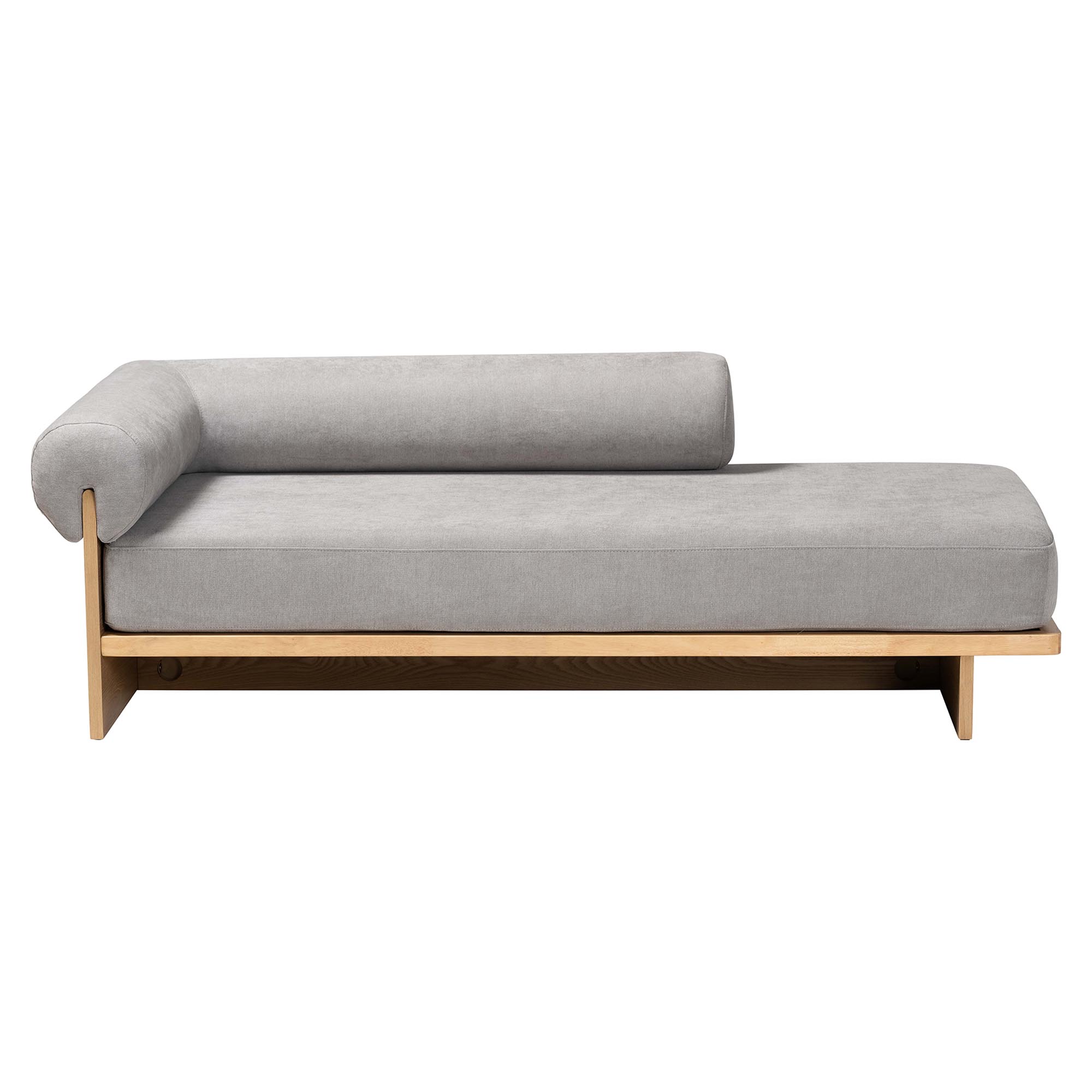 Baxton Studio Bertille Left-Arm Chaise Lounge with Solid Wood Base - Minimalist Sofa Daybed with Grey Fabric Cushion and Bolster Pillow for Living Room or Bedroom Decor