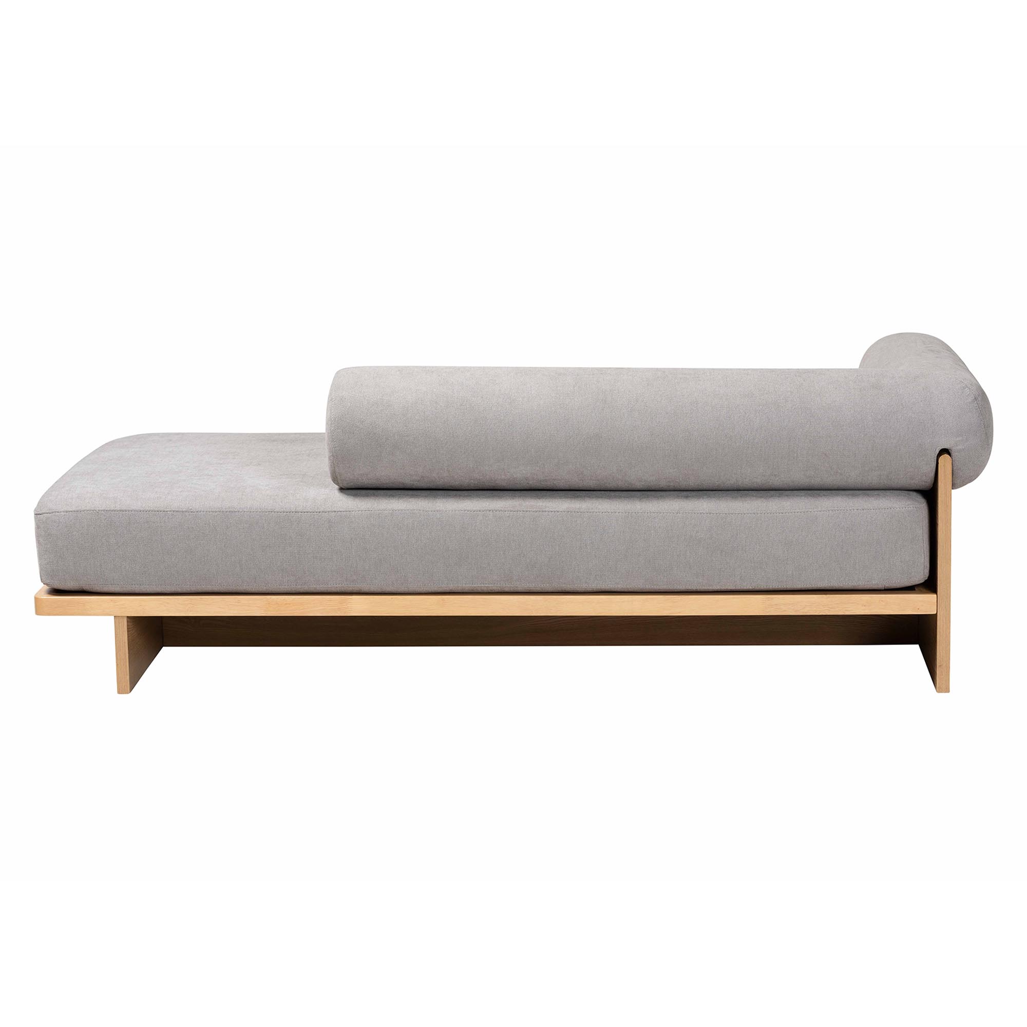 Baxton Studio Bertille Left-Arm Chaise Lounge with Solid Wood Base - Minimalist Sofa Daybed with Grey Fabric Cushion and Bolster Pillow for Living Room or Bedroom Decor