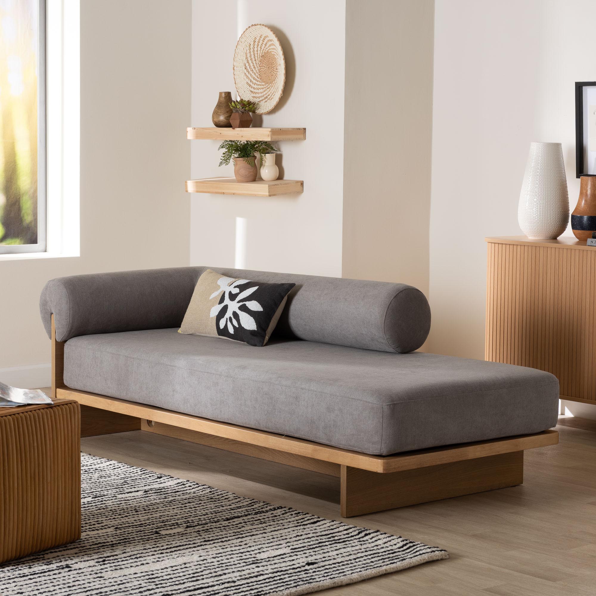 Baxton Studio Bertille Left-Arm Chaise Lounge with Solid Wood Base - Minimalist Sofa Daybed with Grey Fabric Cushion and Bolster Pillow for Living Room or Bedroom Decor