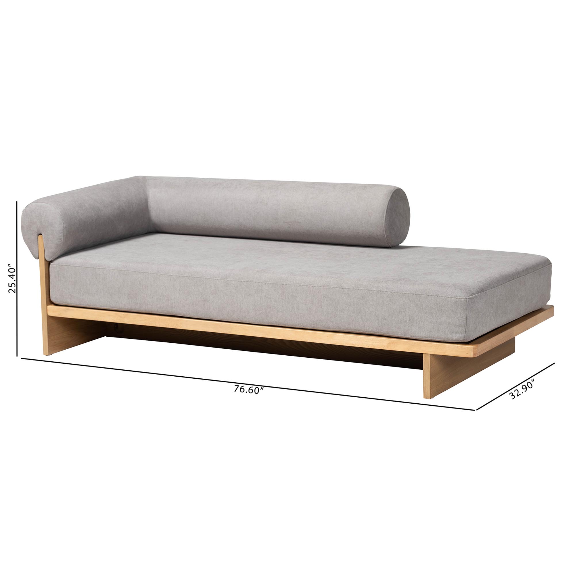 Baxton Studio Bertille Left-Arm Chaise Lounge with Solid Wood Base - Minimalist Sofa Daybed with Grey Fabric Cushion and Bolster Pillow for Living Room or Bedroom Decor