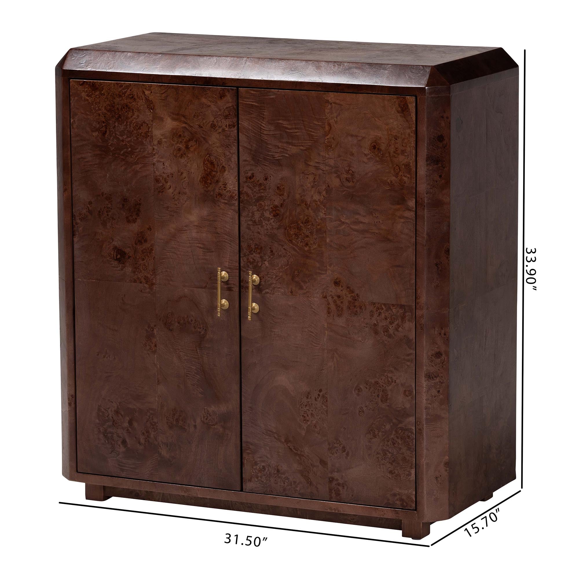 bali & pari Valora Real Burl Wood Storage Cabinet in Dark Walnut Brown - Modern Accent Cupboard with Double Doors and Brass Handles, Elegant Sideboard for Living Room, Entryway or Dining Area