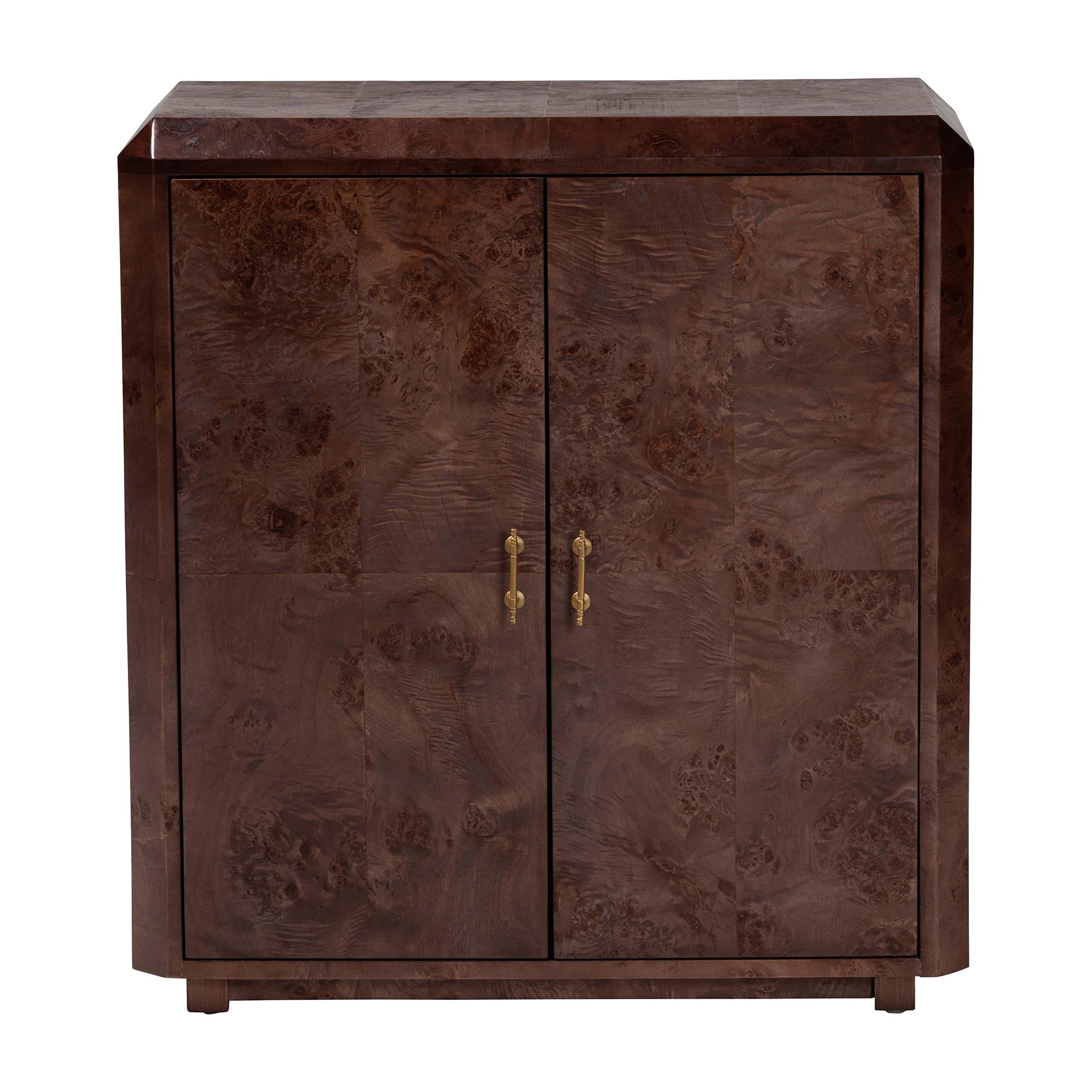 bali & pari Valora Real Burl Wood Storage Cabinet in Dark Walnut Brown - Modern Accent Cupboard with Double Doors and Brass Handles, Elegant Sideboard for Living Room, Entryway or Dining Area