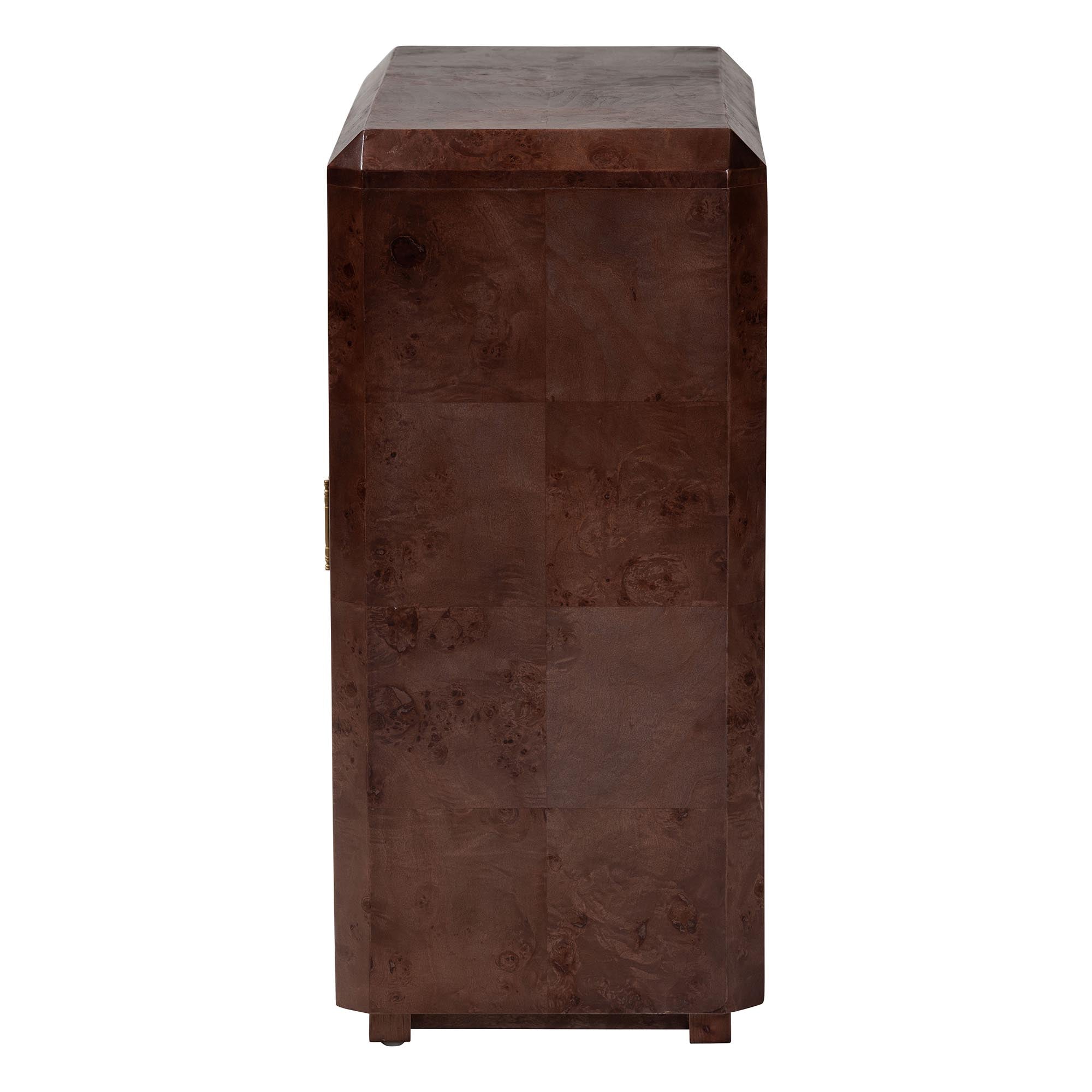 bali & pari Valora Real Burl Wood Storage Cabinet in Dark Walnut Brown - Modern Accent Cupboard with Double Doors and Brass Handles, Elegant Sideboard for Living Room, Entryway or Dining Area