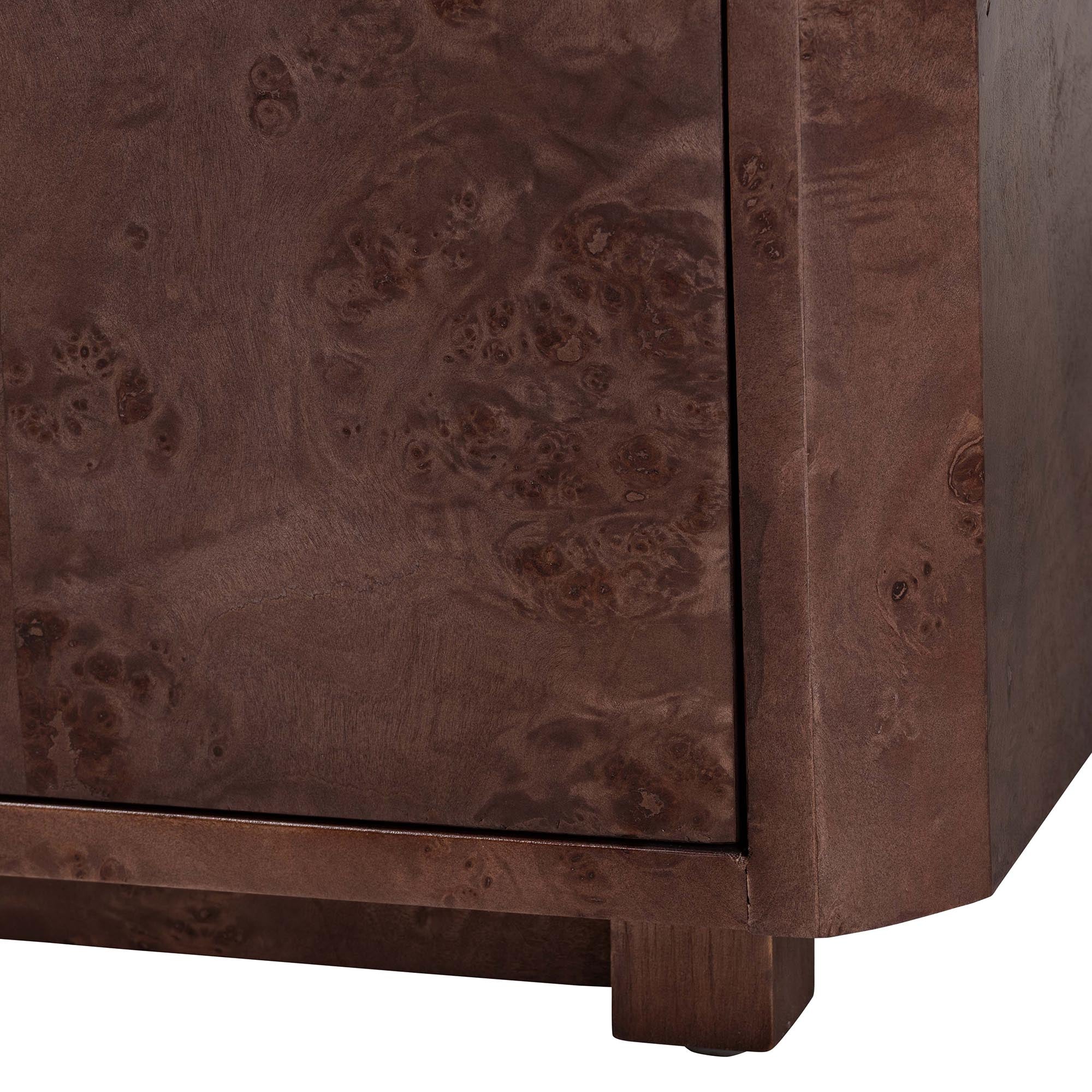 bali & pari Valora Real Burl Wood Storage Cabinet in Dark Walnut Brown - Modern Accent Cupboard with Double Doors and Brass Handles, Elegant Sideboard for Living Room, Entryway or Dining Area