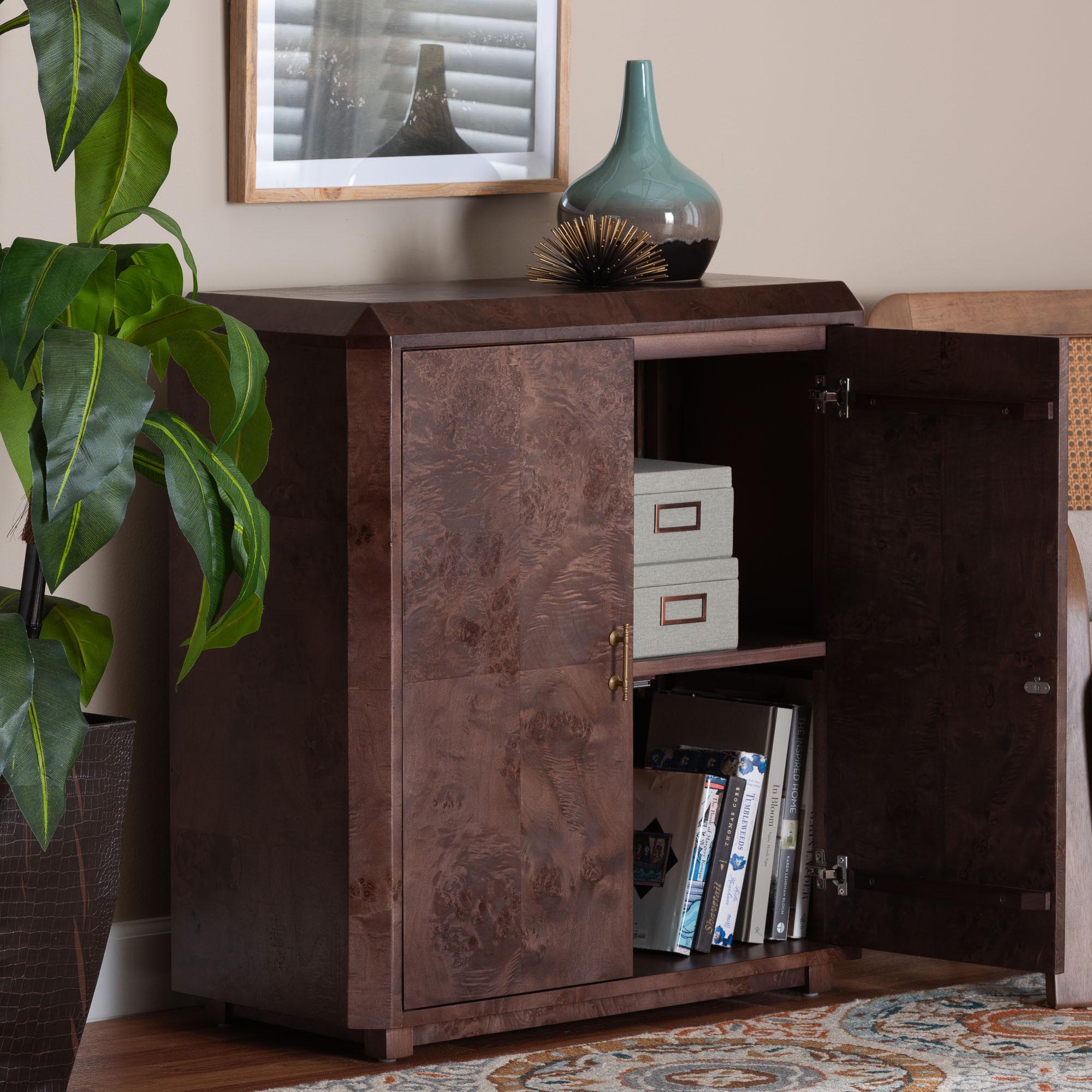 bali & pari Valora Real Burl Wood Storage Cabinet in Dark Walnut Brown - Modern Accent Cupboard with Double Doors and Brass Handles, Elegant Sideboard for Living Room, Entryway or Dining Area