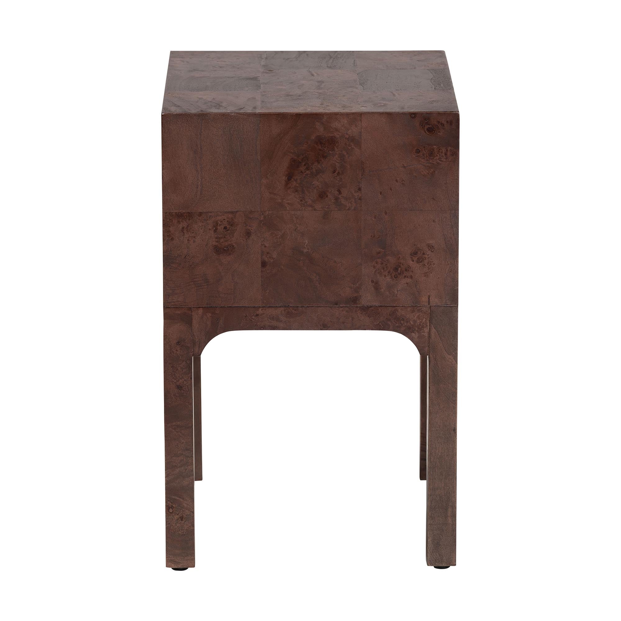 bali & pari Kayla Real Burl Wood Nightstand in Dark Walnut Brown - Modern Bedside Table with Two Drawers and Cutout Handle Design
