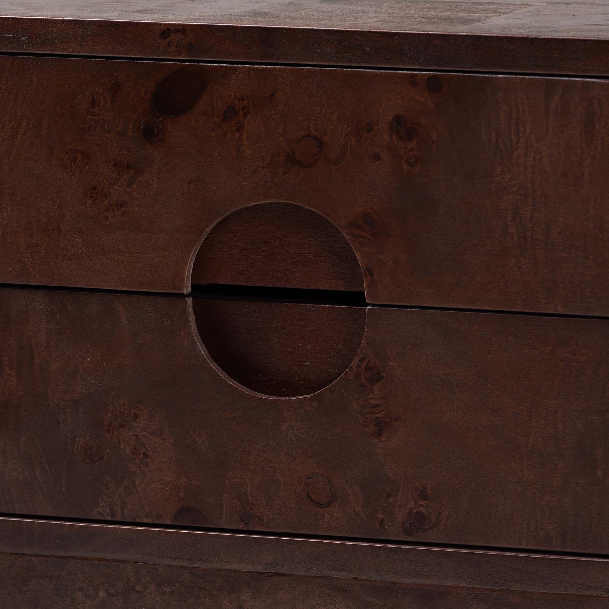 bali & pari Kayla Real Burl Wood Nightstand in Dark Walnut Brown - Modern Bedside Table with Two Drawers and Cutout Handle Design