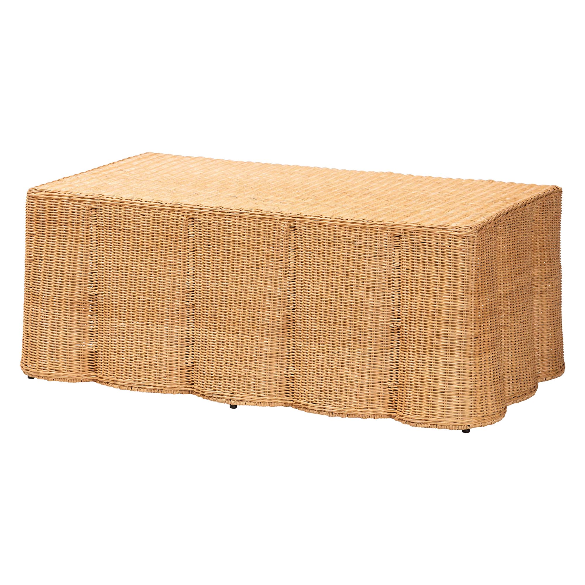 bali & pari Palm Scalloped Rattan Coffee Table - Handwoven Wicker Rectangle Accent Table for Living Room, Patio or Sunroom, Coastal Boho Style, Light Honey