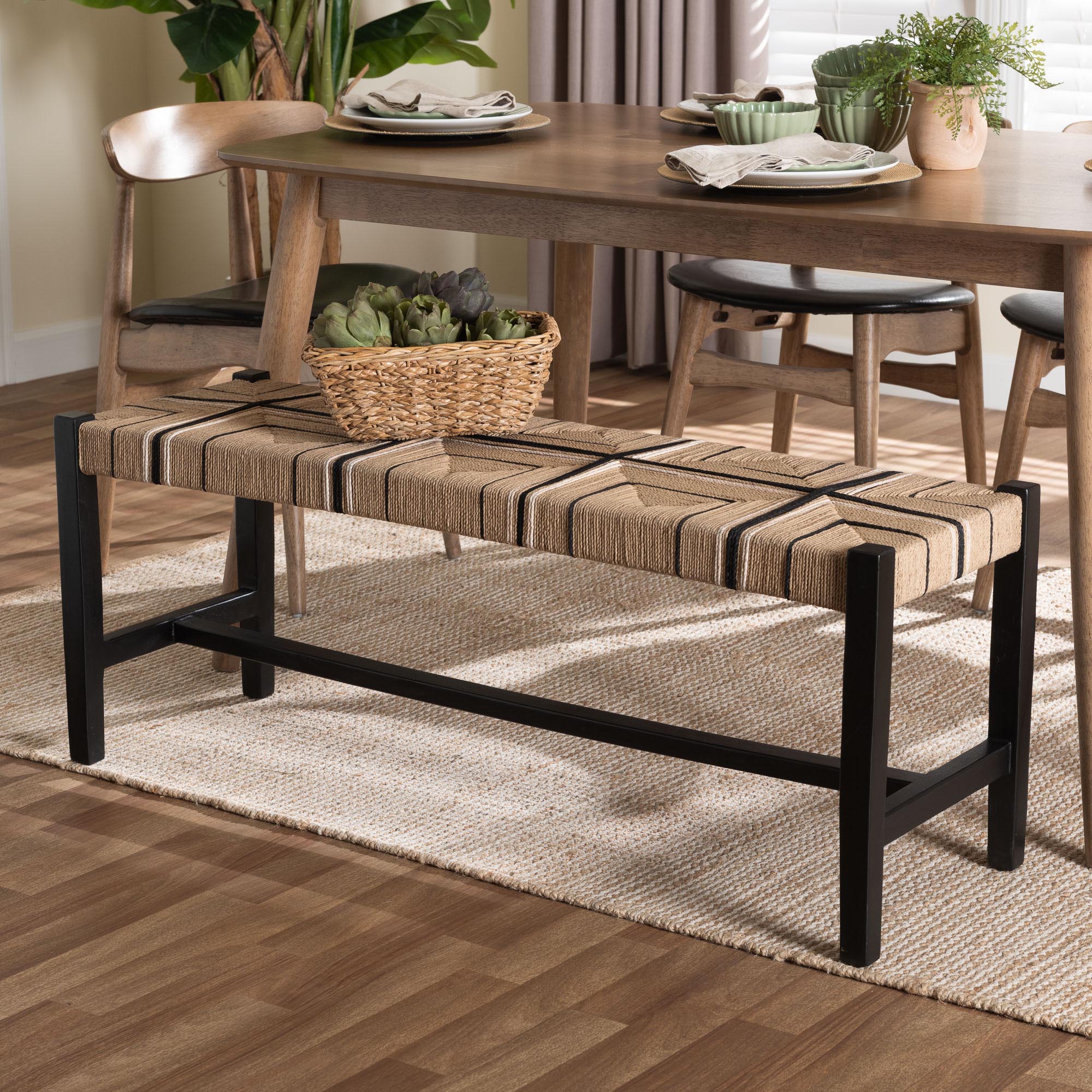 bali & pari Prita Woven Paper Loom Bench with Mahogany Wood Frame - Handcrafted Accent Seating for Dining Room or Entryway, Black