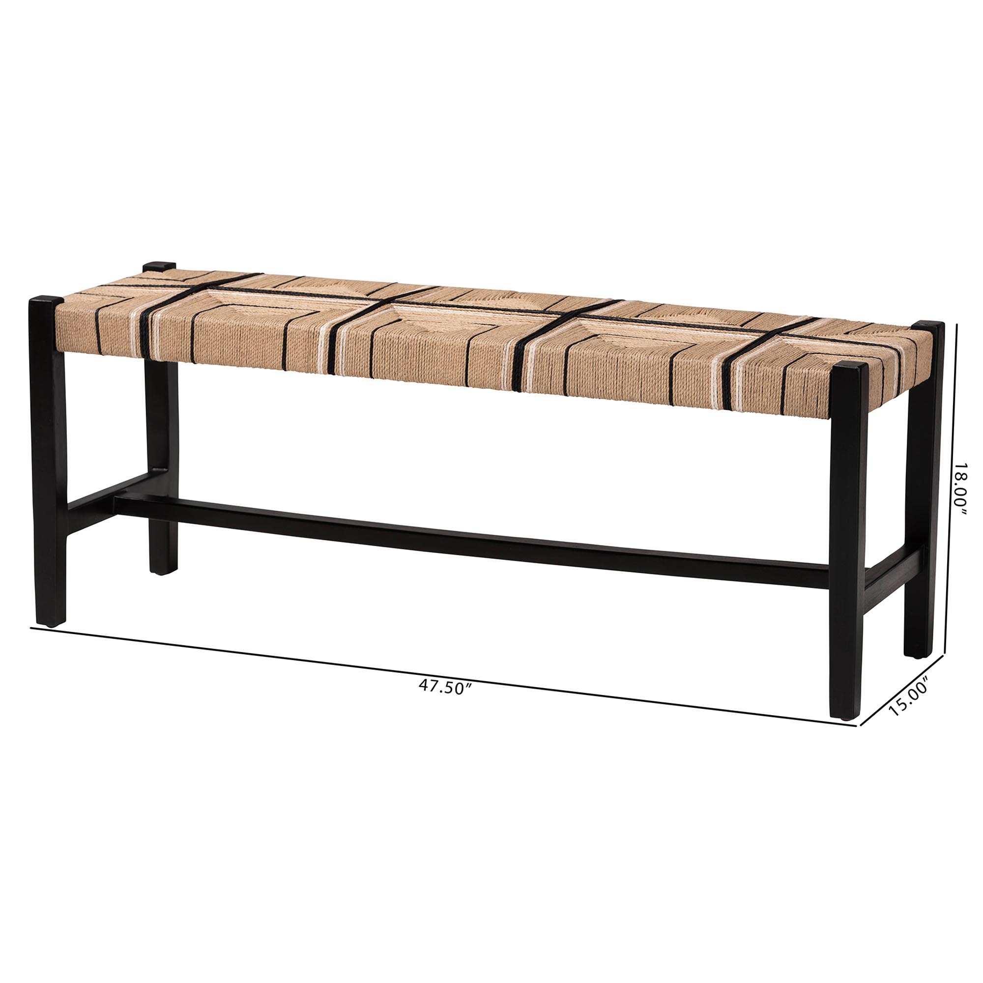 bali & pari Prita Woven Paper Loom Bench with Mahogany Wood Frame - Handcrafted Accent Seating for Dining Room or Entryway, Black