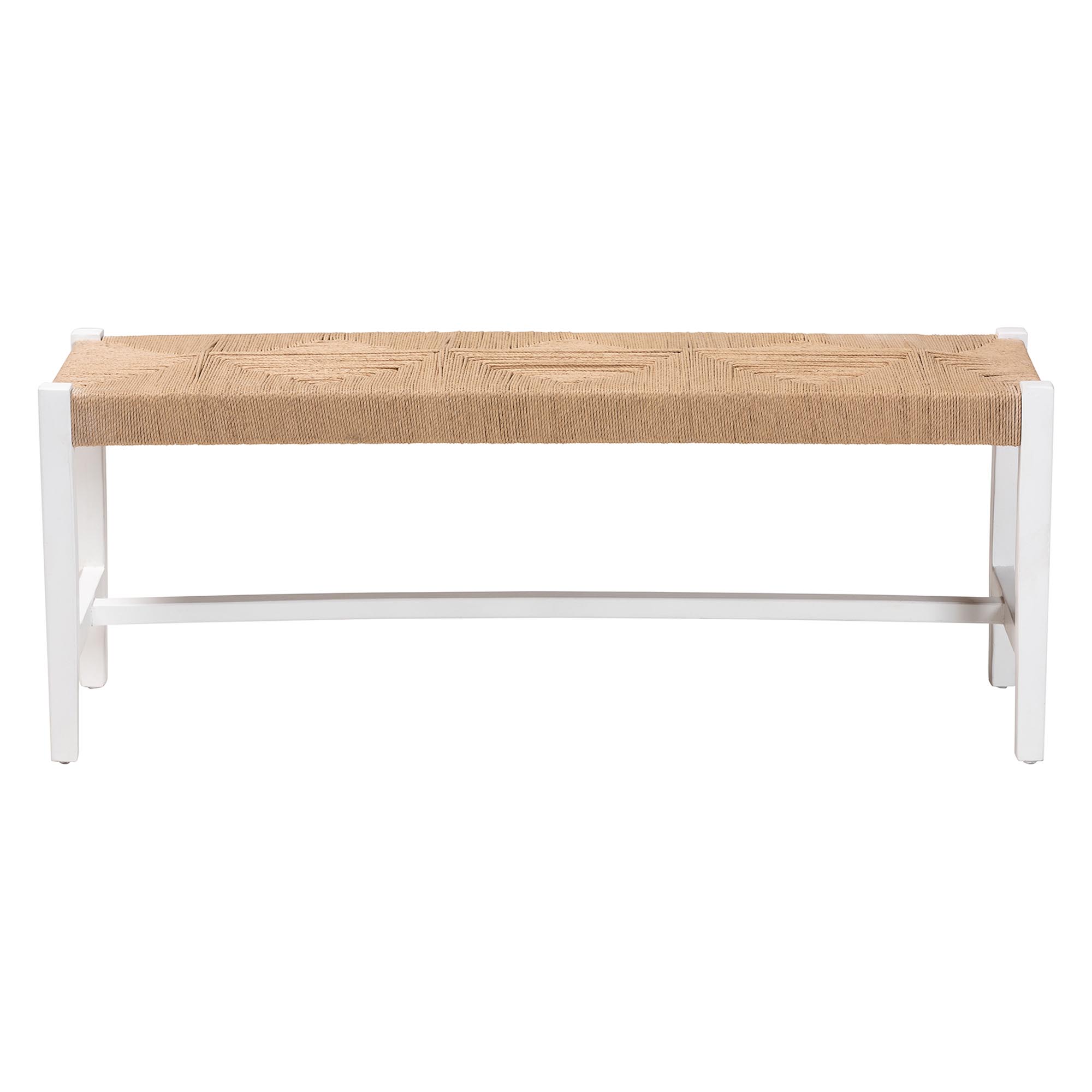 bali & pari Prita Woven Paper Loom Bench with Mahogany Wood Frame - Handcrafted Accent Seating for Dining Room or Entryway, White