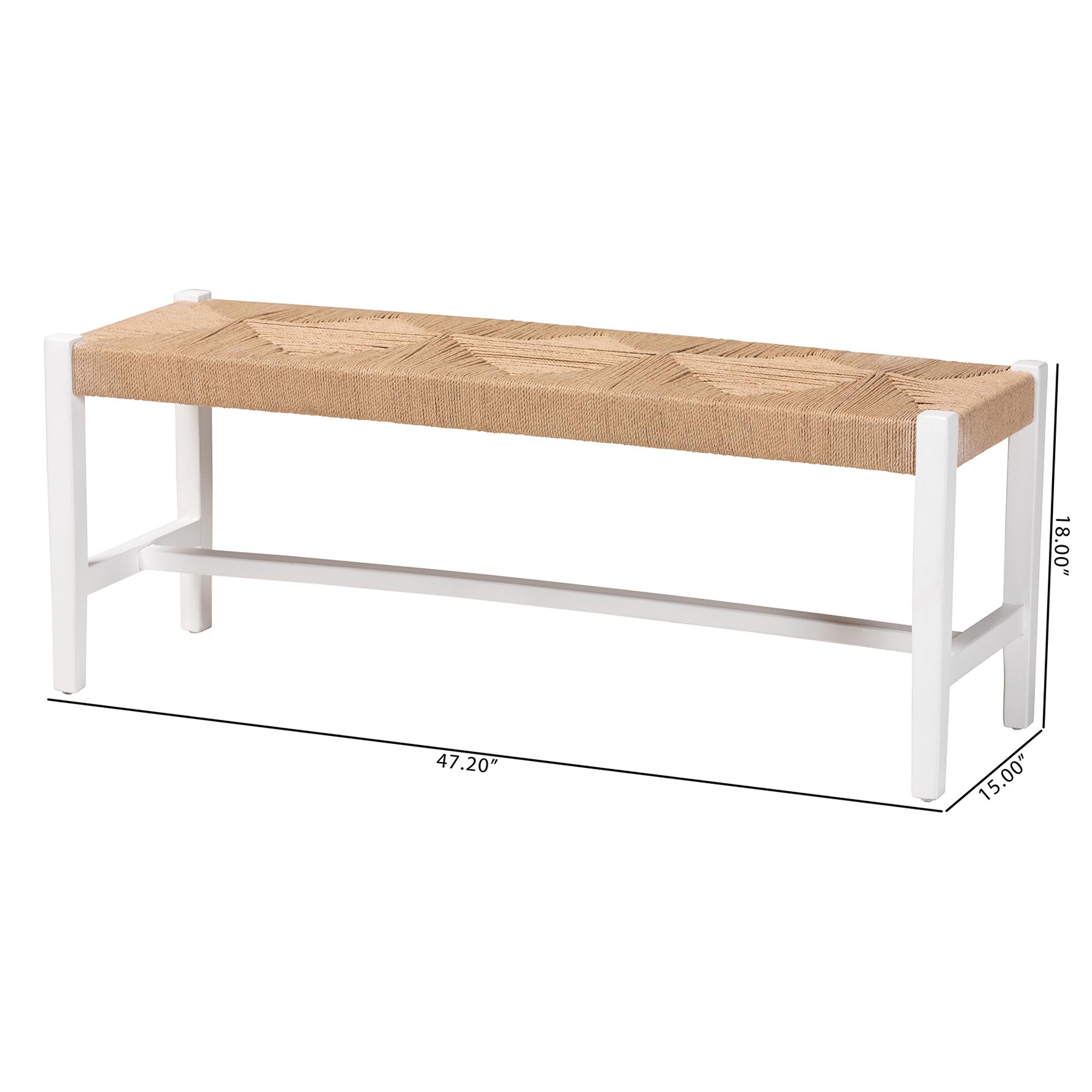 bali & pari Prita Woven Paper Loom Bench with Mahogany Wood Frame - Handcrafted Accent Seating for Dining Room or Entryway, White