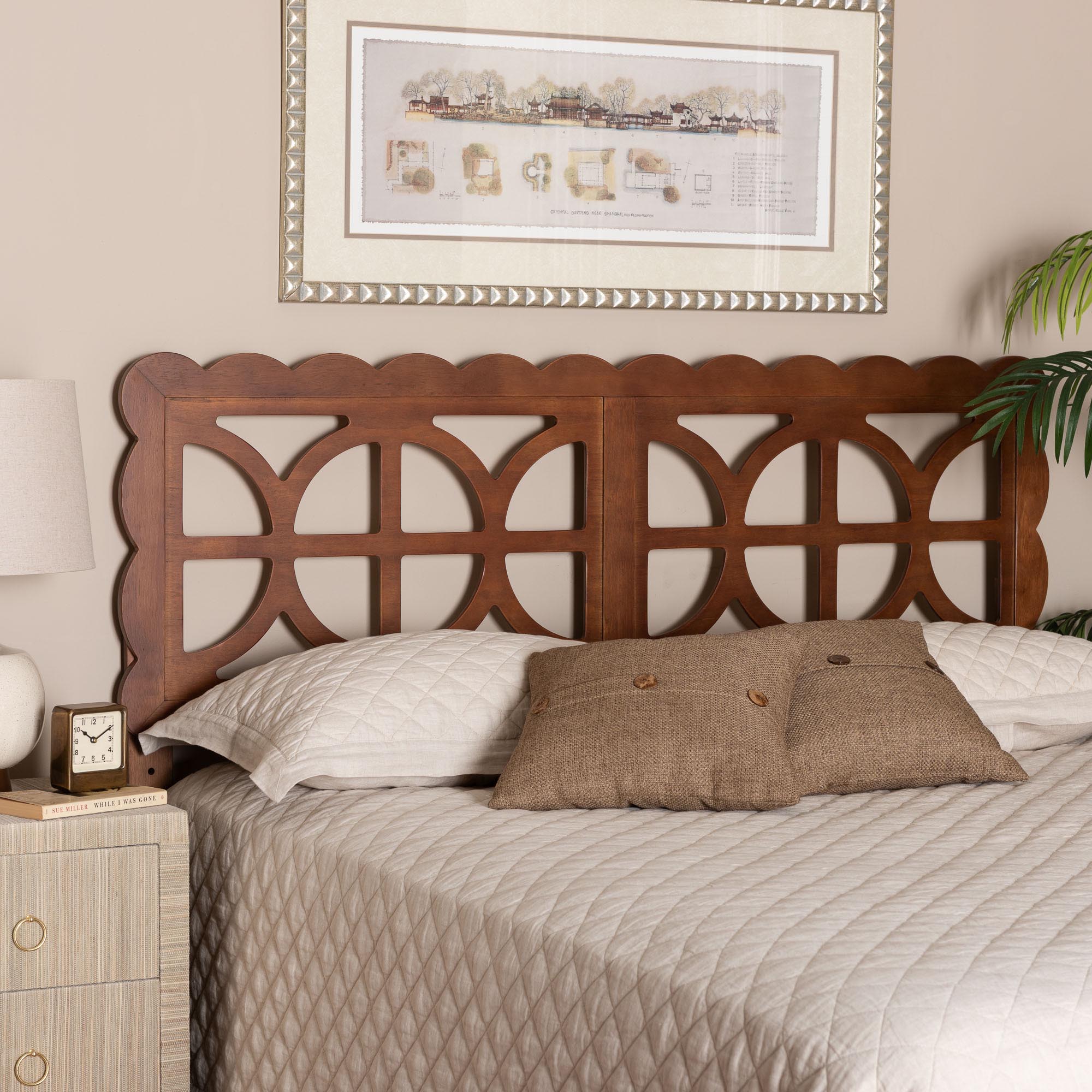 Baxton Studio Nansen Wood Headboard with Scalloped Frame - Geometric Cutout Decorative Panel for Bed Frame, Modern Coastal Bedroom Accent with Adjustable Height, Full, Walnut