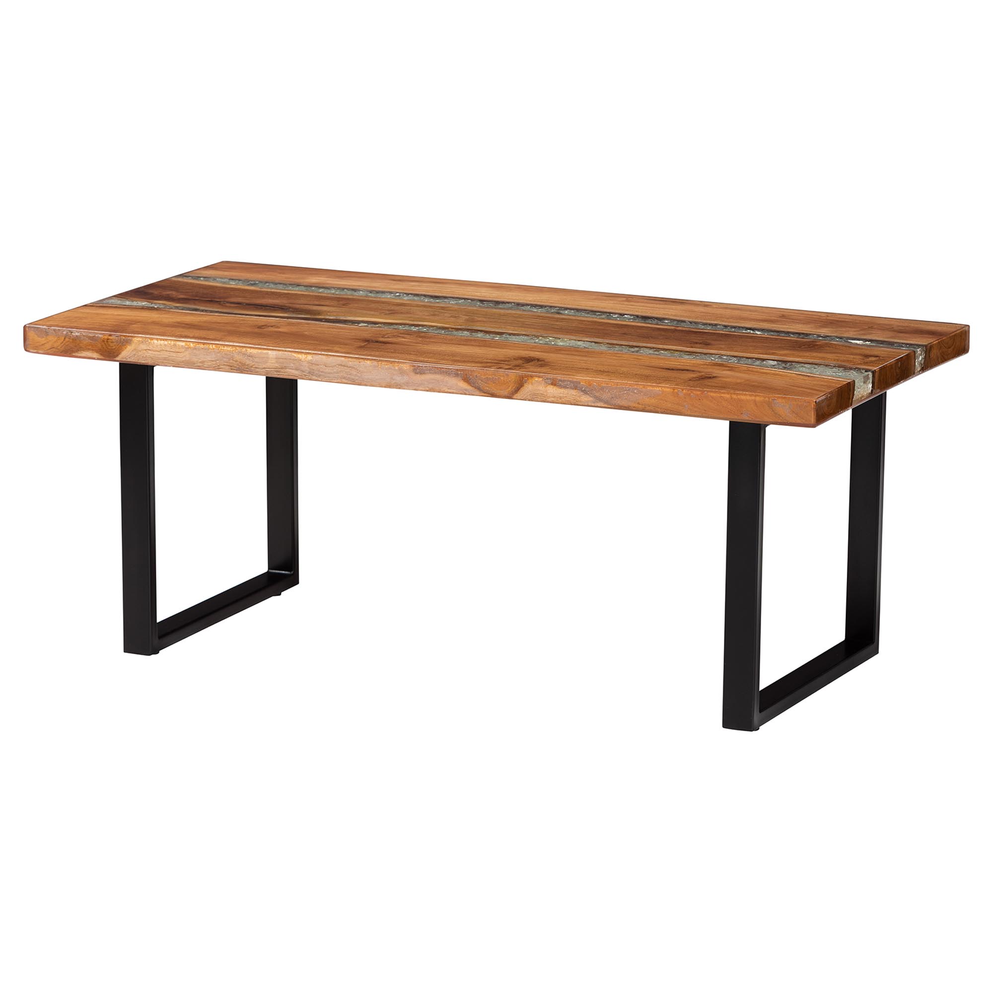 bali & pari Apio Wood Epoxy Resin Coffee Table with Glass Inlay - Rectangular Live Edge Teak wood Accent Table with Black Metal Base, Modern Rustic Centerpiece