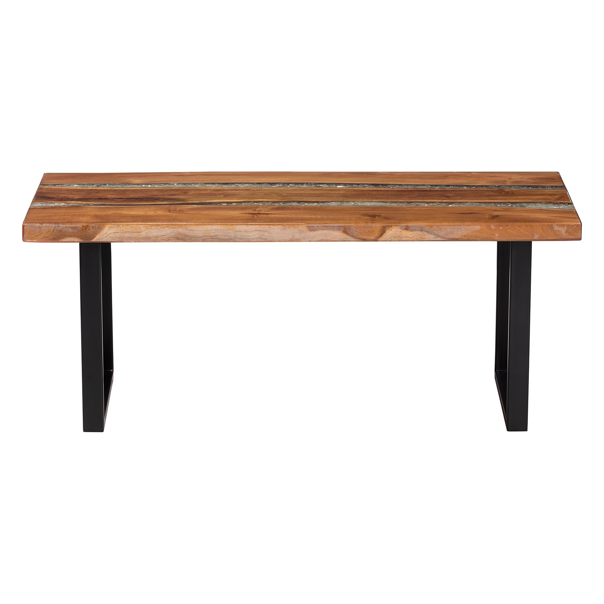 bali & pari Apio Wood Epoxy Resin Coffee Table with Glass Inlay - Rectangular Live Edge Teak wood Accent Table with Black Metal Base, Modern Rustic Centerpiece