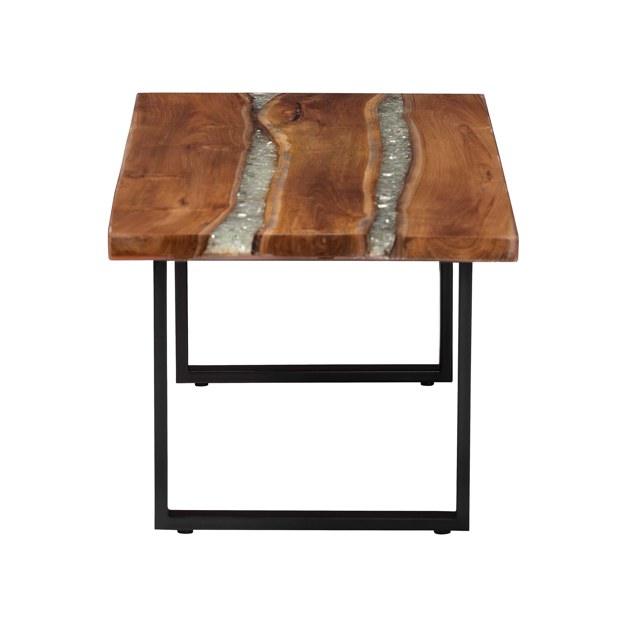 bali & pari Apio Wood Epoxy Resin Coffee Table with Glass Inlay - Rectangular Live Edge Teak wood Accent Table with Black Metal Base, Modern Rustic Centerpiece