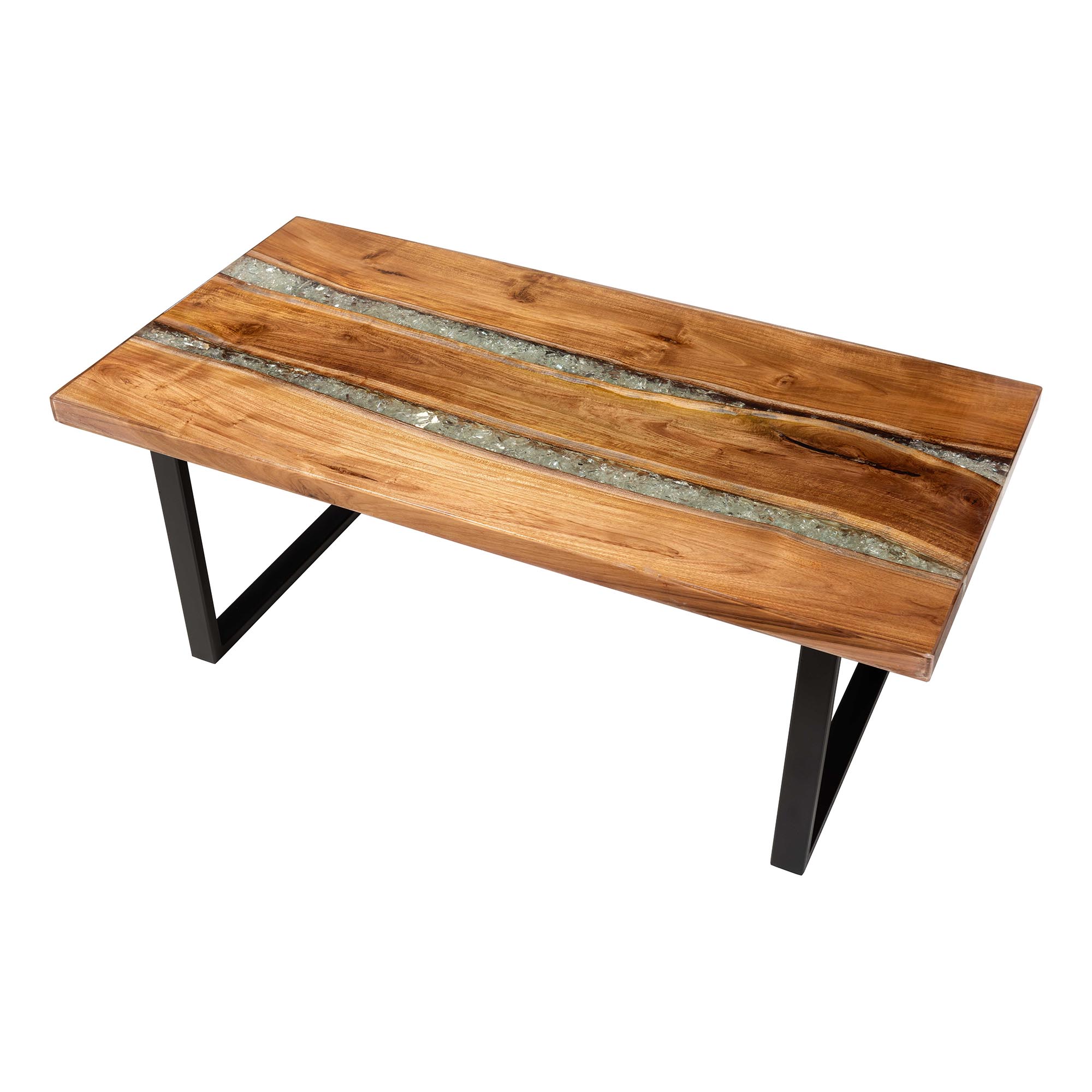 bali & pari Apio Wood Epoxy Resin Coffee Table with Glass Inlay - Rectangular Live Edge Teak wood Accent Table with Black Metal Base, Modern Rustic Centerpiece