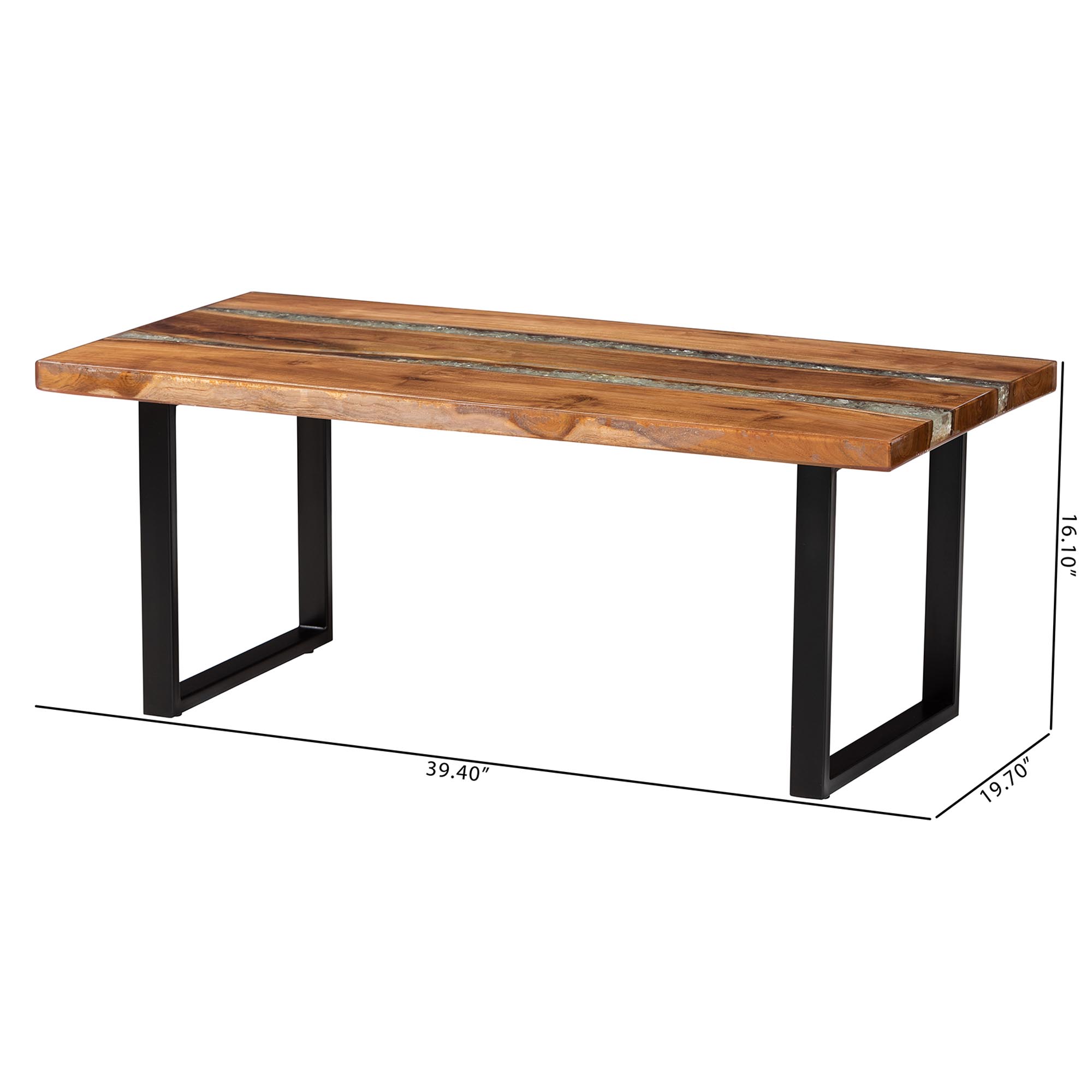 bali & pari Apio Wood Epoxy Resin Coffee Table with Glass Inlay - Rectangular Live Edge Teak wood Accent Table with Black Metal Base, Modern Rustic Centerpiece
