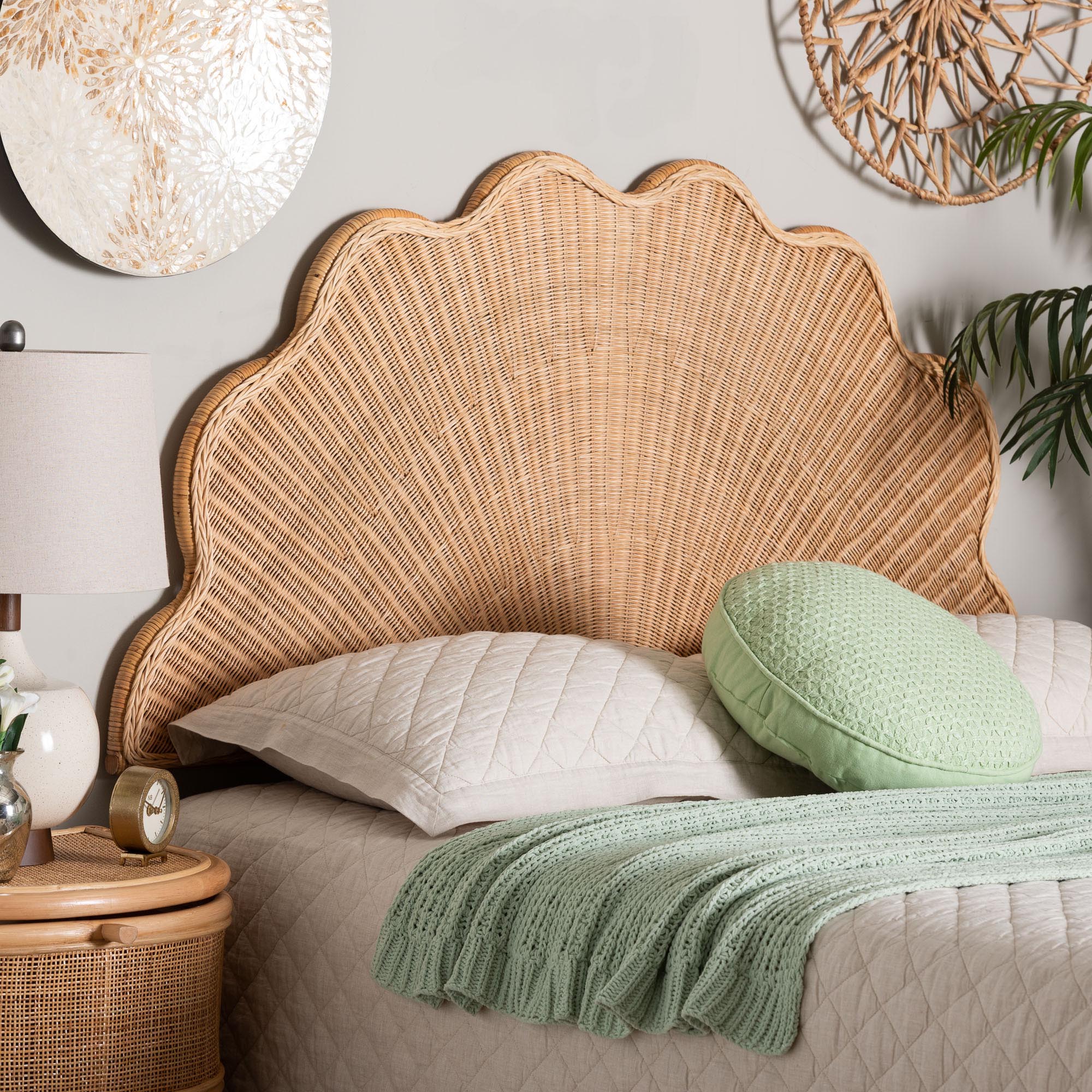 bali & pari Callias Natural Rattan Scalloped Headboard with Sunburst Weave - Coastal Boho Wicker Bed Backdrop for Bedroom Decor, Queen