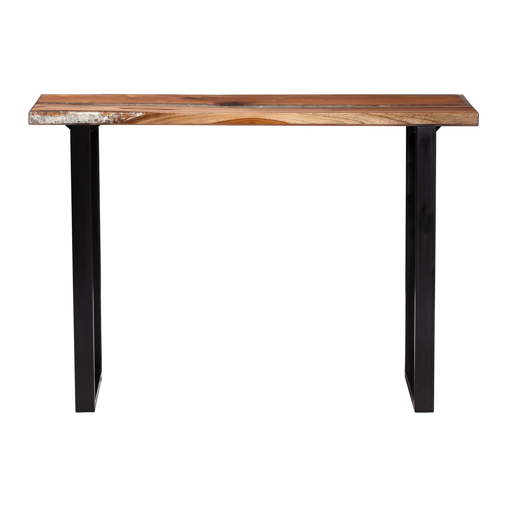 bali & pari Apio Wood Epoxy Resin Console Table with Glass Inlay - Rectangular Live Edge Teak Wood Accent Table with Black Metal Base, Modern Rustic Furniture for Living Room or Entryway